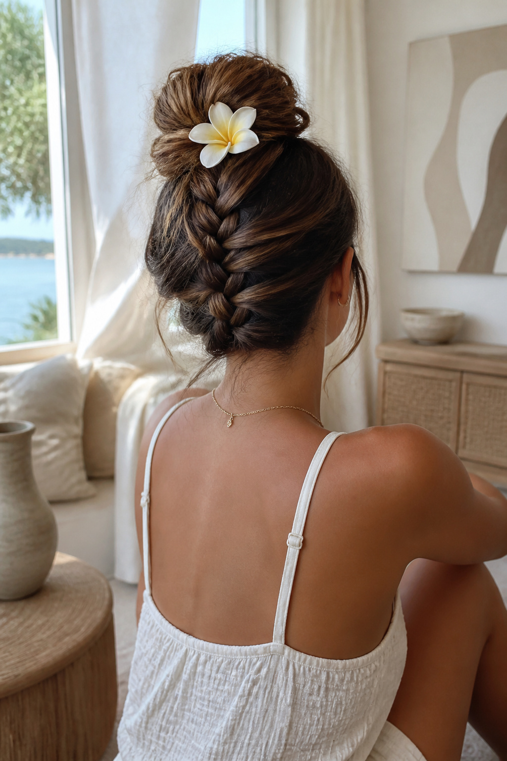 Cute Braided Hairstyles: 22 Styles, Updos and Long Hair Looks for 2026 2 A model with an upside-down French braid bun in a bright room.