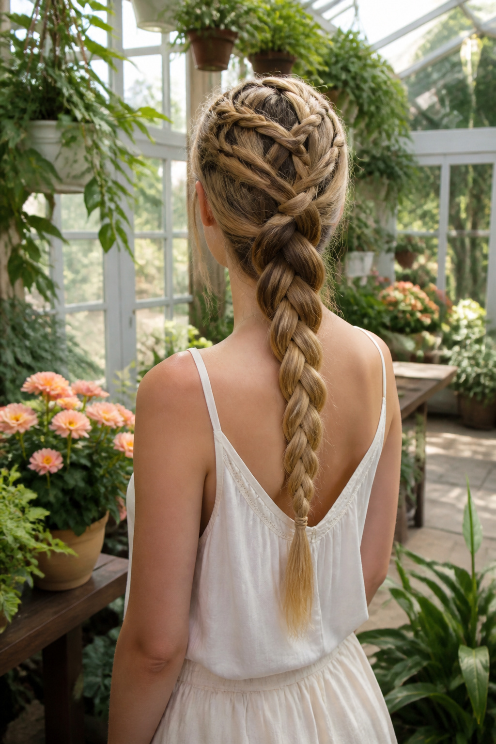 Cute Braided Hairstyles: 22 Styles, Updos and Long Hair Looks for 2026 21 A model showcasing a cross long hair braid in a greenhouse.