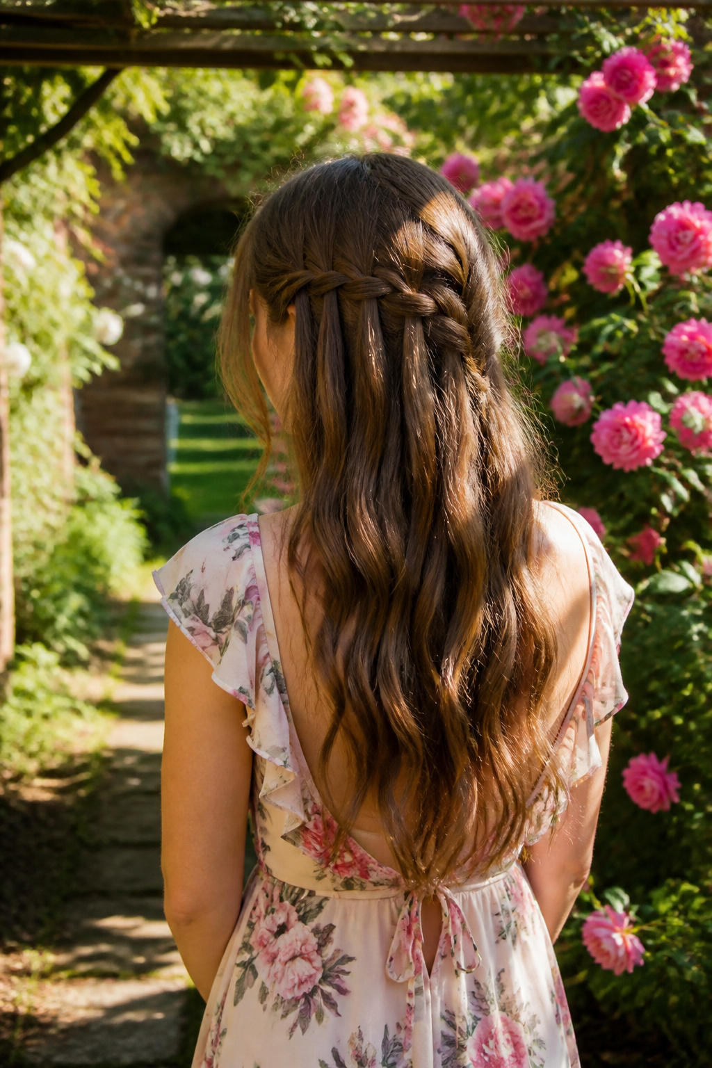 Cute Braided Hairstyles: 22 Styles, Updos and Long Hair Looks for 2026 8 A model showcasing a waterfall braid in a blooming garden.