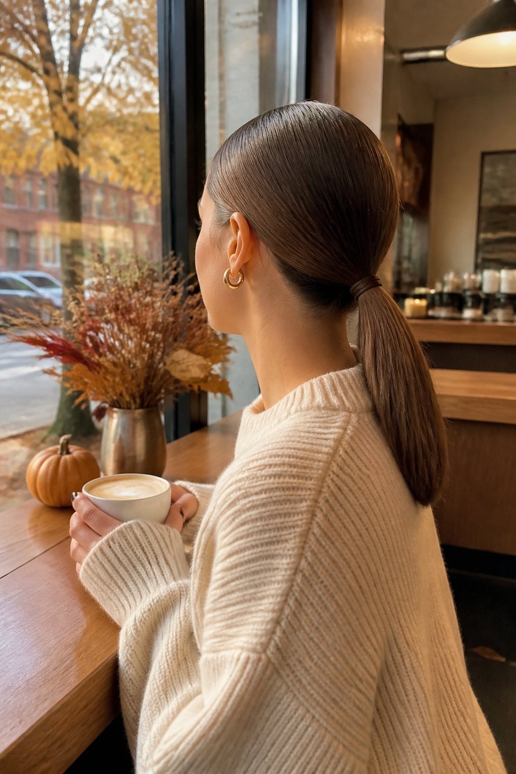 15 Cute Fall Hairstyles and Styles for 2026 1 Woman with a sleek ponytail styled with a boar bristle brush.