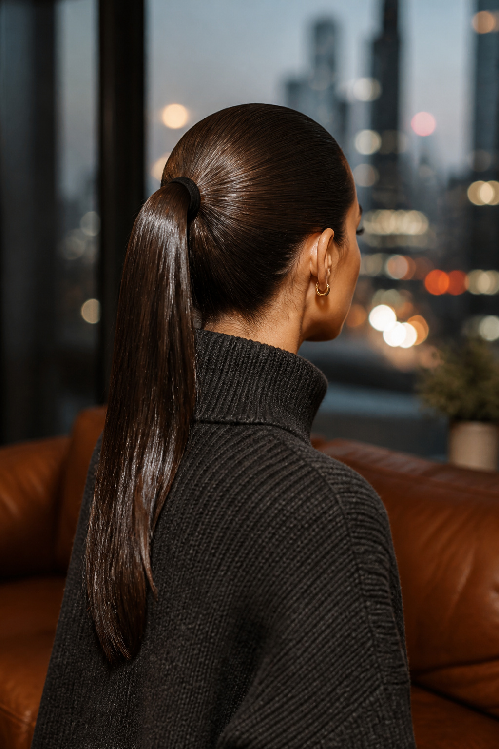 15 Cute Fall Hairstyles and Styles for 2026 14 Woman with a wet-look ponytail styled in a chic environment.