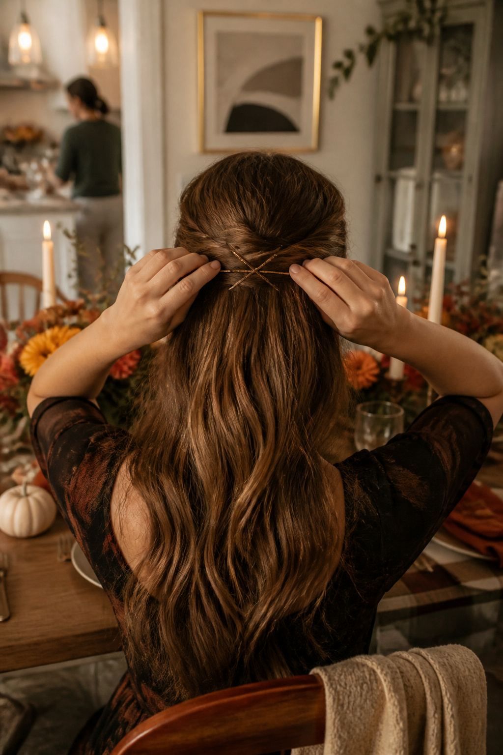 15 Cute Fall Hairstyles and Styles for 2026 15 Woman modeling a voluminous half-updo in a dining room.