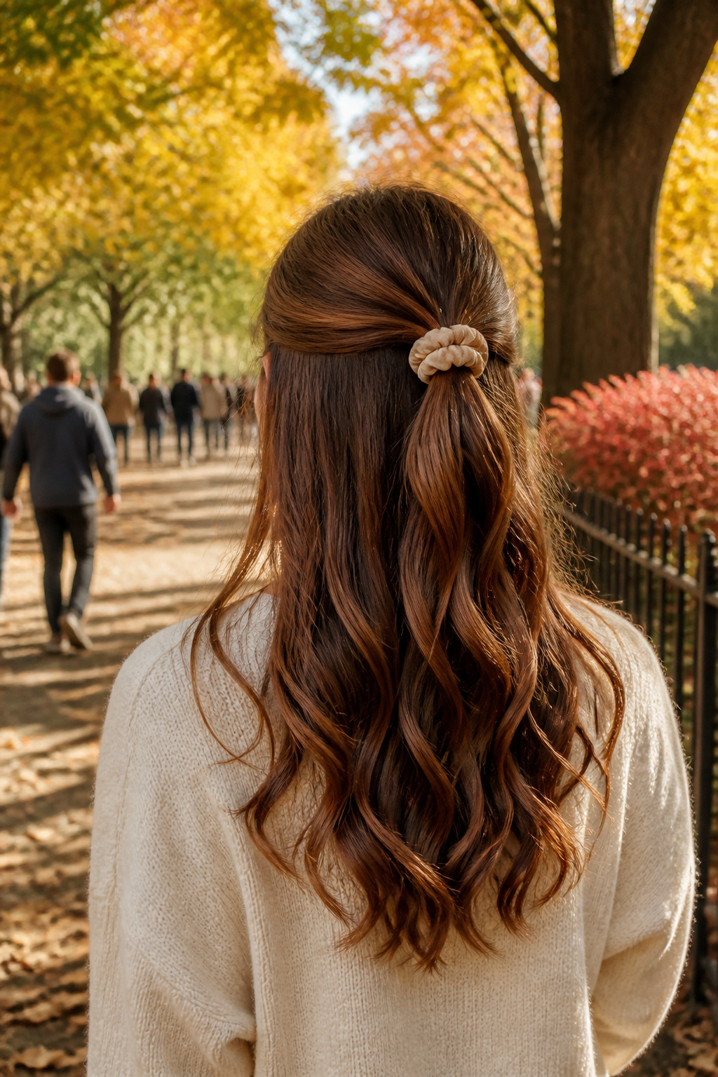 15 Cute Fall Hairstyles and Styles for 2026 3 Woman demonstrating a half-up half-down hairstyle in a park.