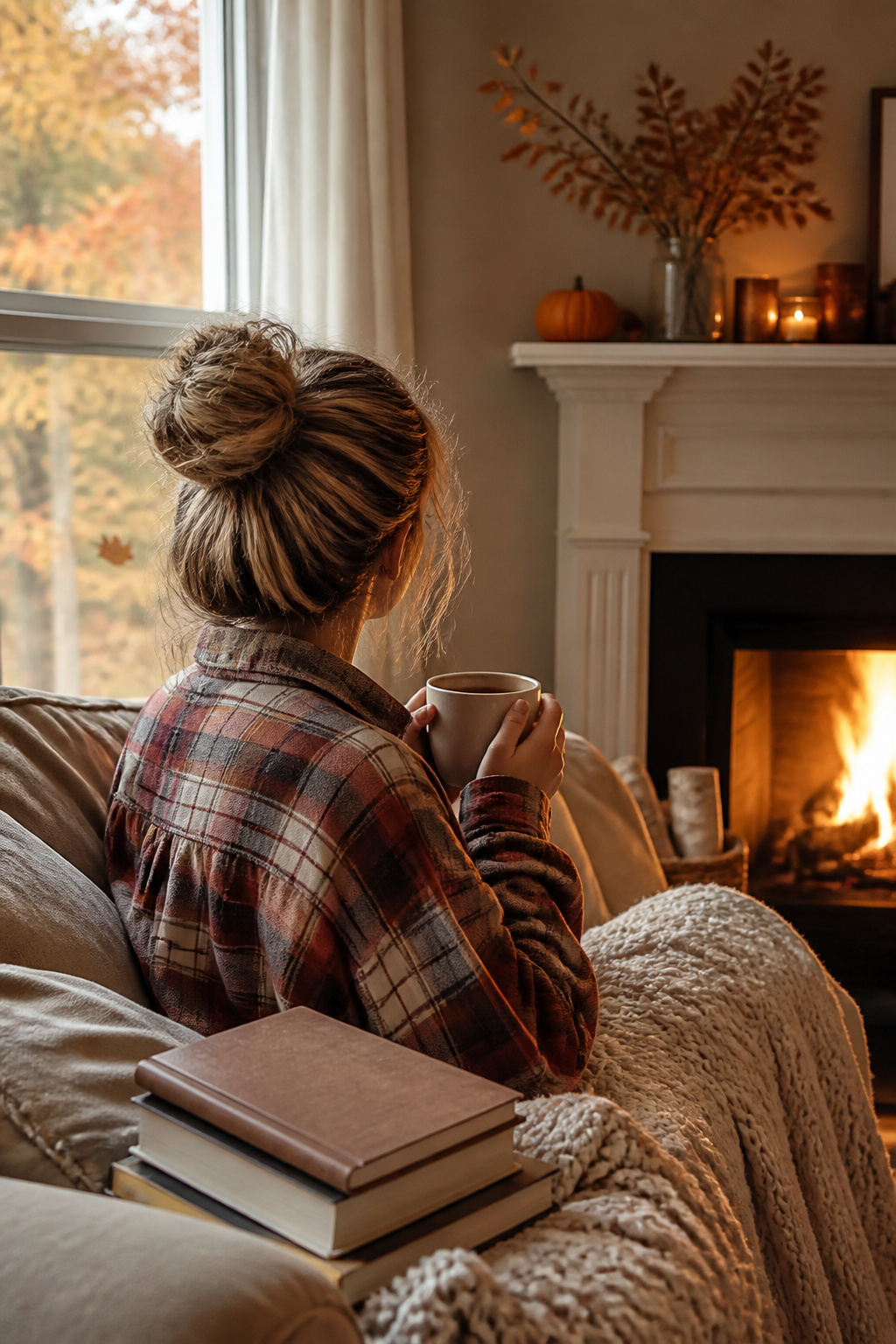 15 Cute Fall Hairstyles and Styles for 2026 5 Young woman with a messy bun in a cozy living room.