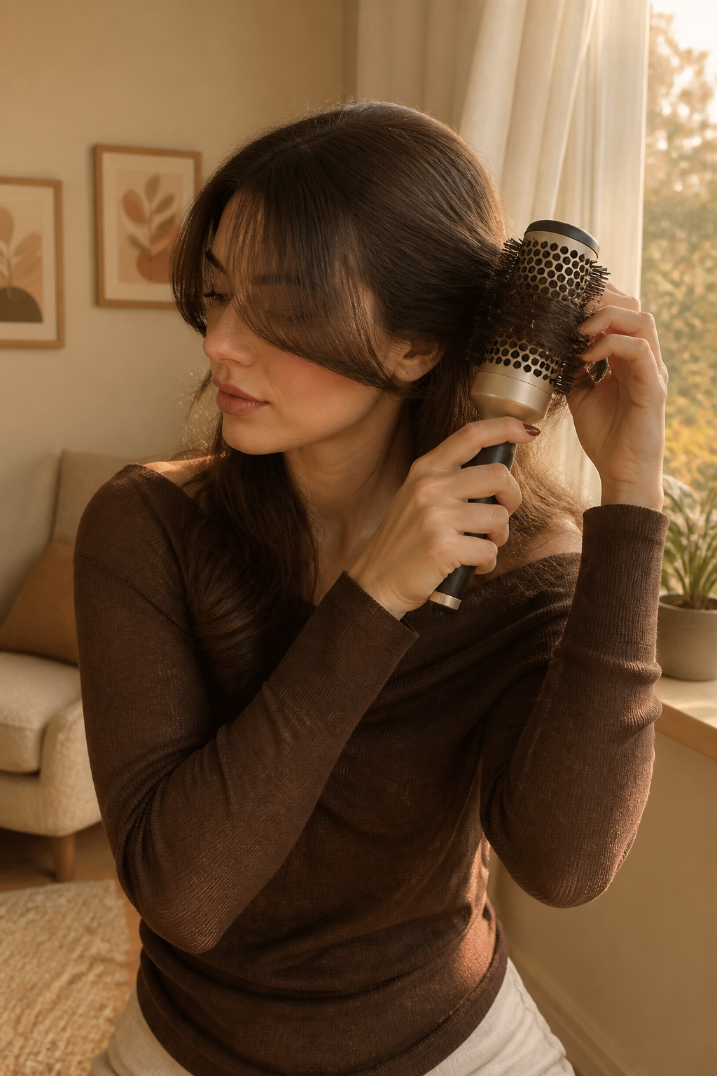 15 Cute Fall Hairstyles and Styles for 2026 6 Woman with curtain bangs styled in a warm indoor setting.