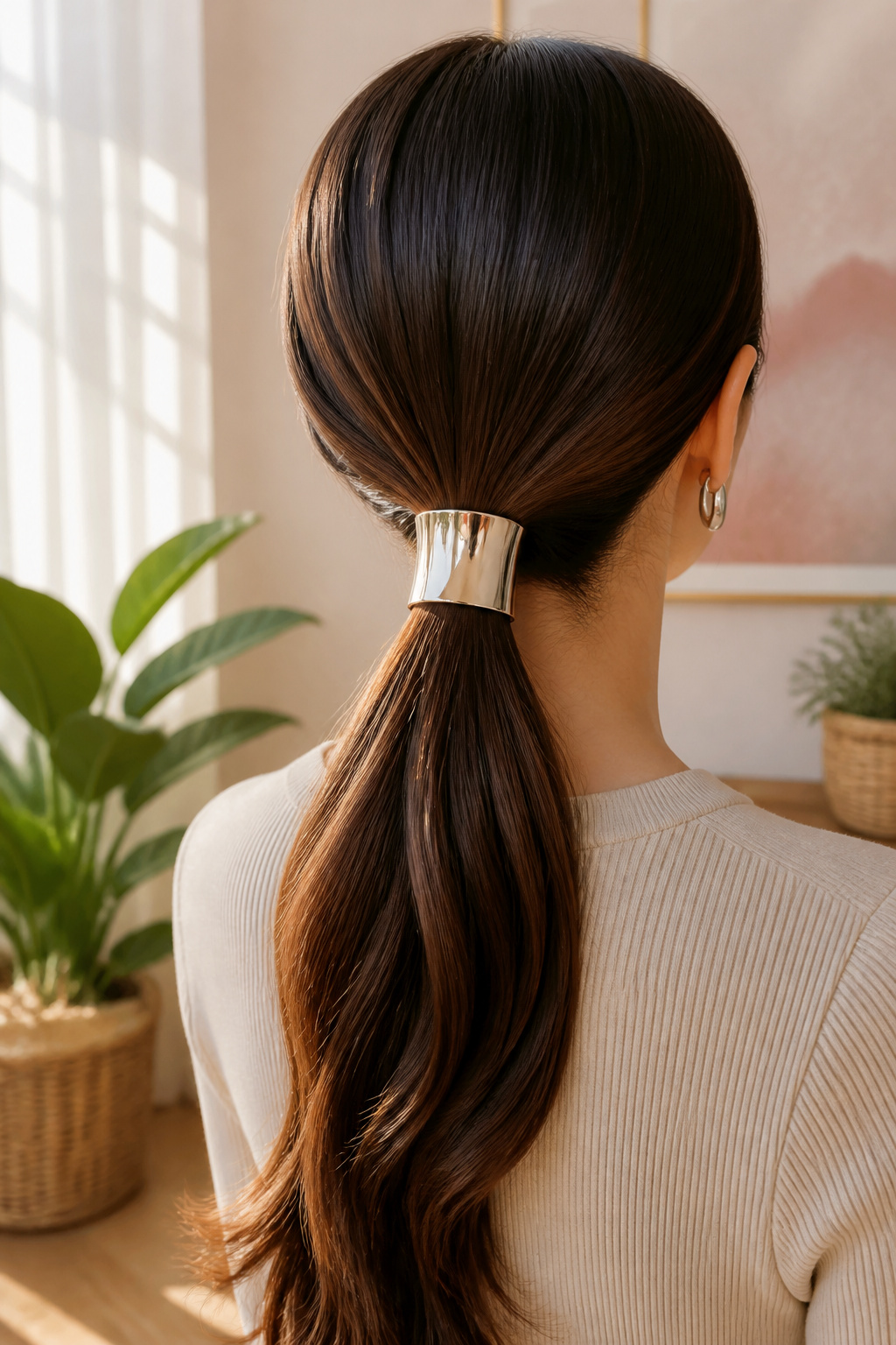 Cute Hair Accessories: Styles, Materials and How to Wear Them 3 A ponytail adorned with a shiny metal cuff in gold.