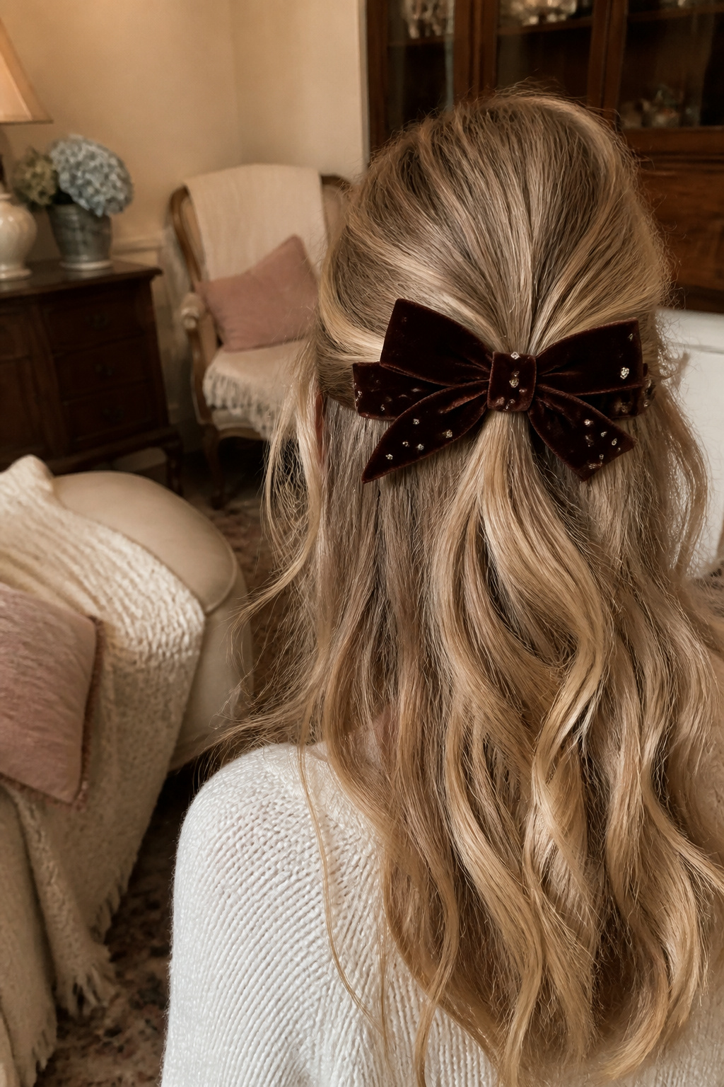 Cute Hair Accessories: Styles, Materials and How to Wear Them 5 A mocha velvet bow barrette positioned in wavy blonde hair.