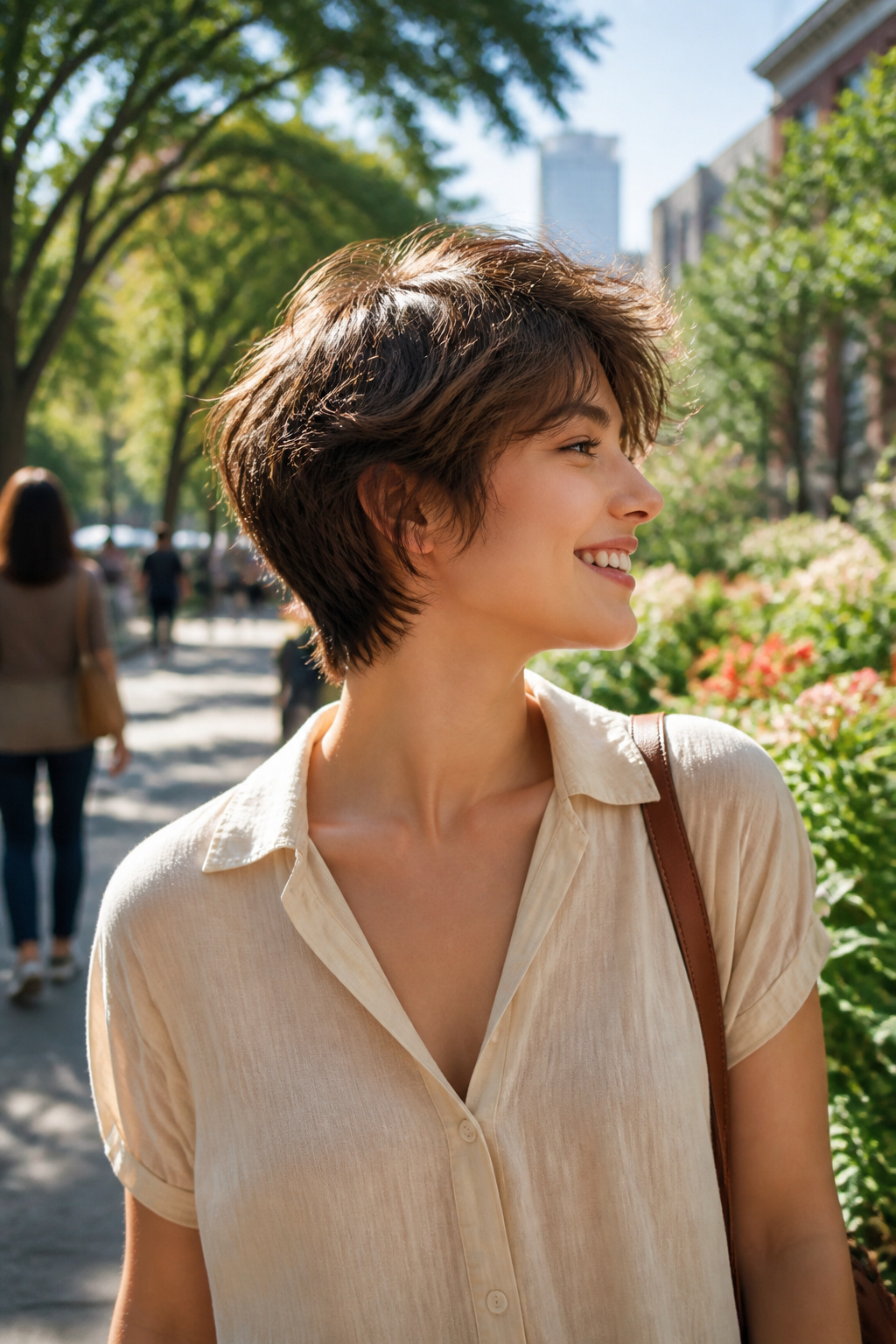 10 Cute Hairstyles for Short Hair That Work in 2026 2 A model with a textured pixie bob posed in an urban park.