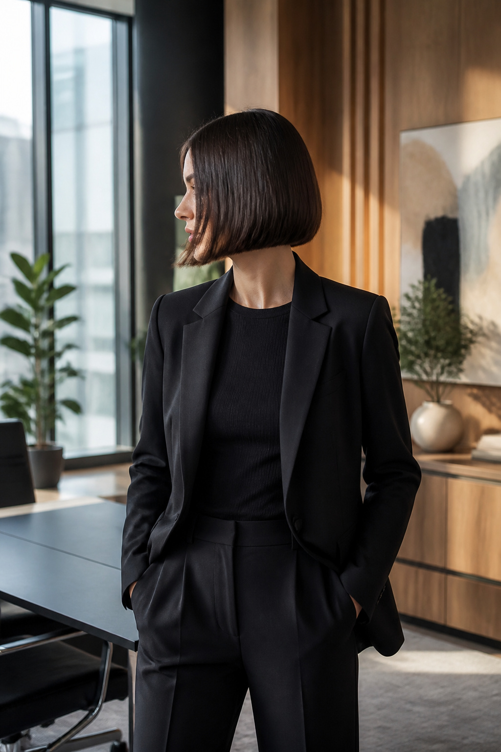10 Cute Hairstyles for Short Hair That Work in 2026 3 A model with a jaw-length bob in a trendy office space.