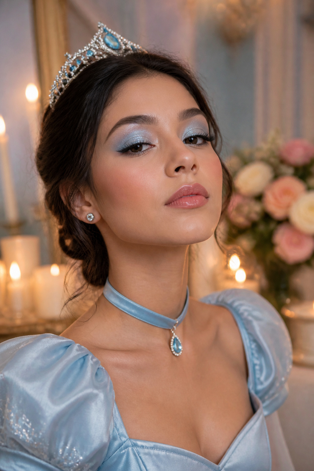 Makeup showcasing a princess look with light blue eyeshadow.