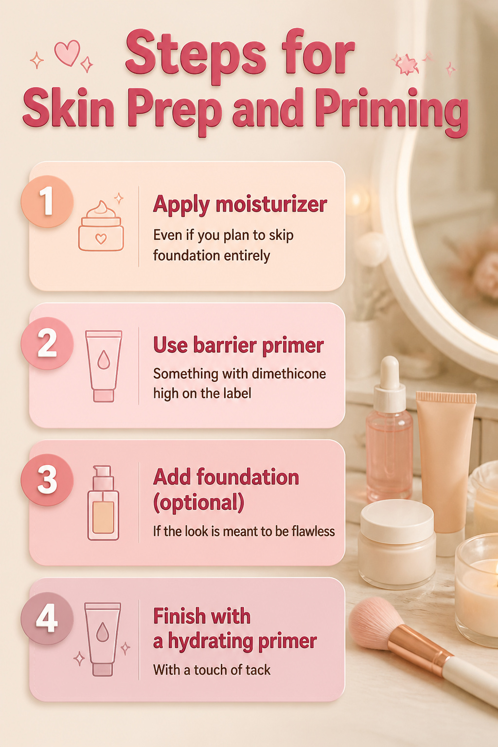 An infographic demonstrating steps for skin prep and priming.