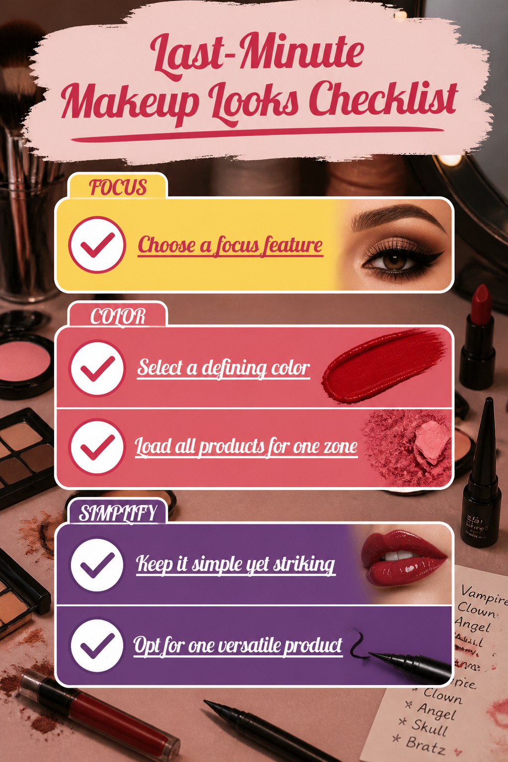 An infographic listing last-minute makeup looks checklist.