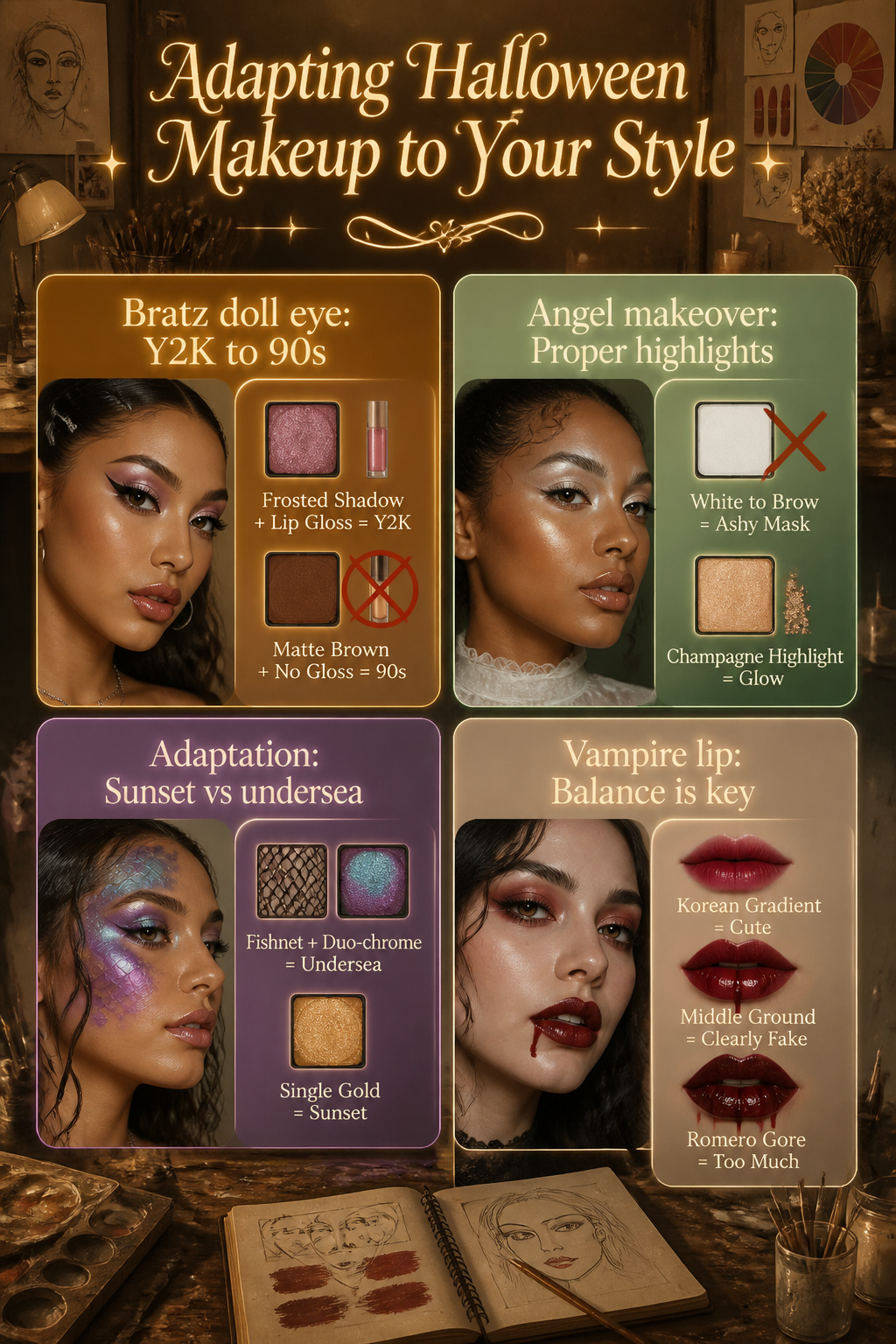 An infographic illustrating how to adapt Halloween makeup styles.