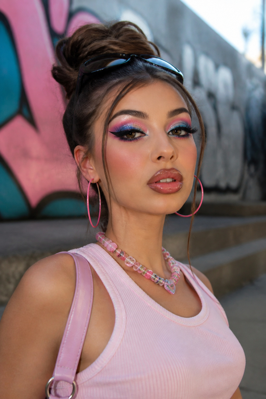 Makeup featuring Bratz doll style with exaggerated winged eyeliner.