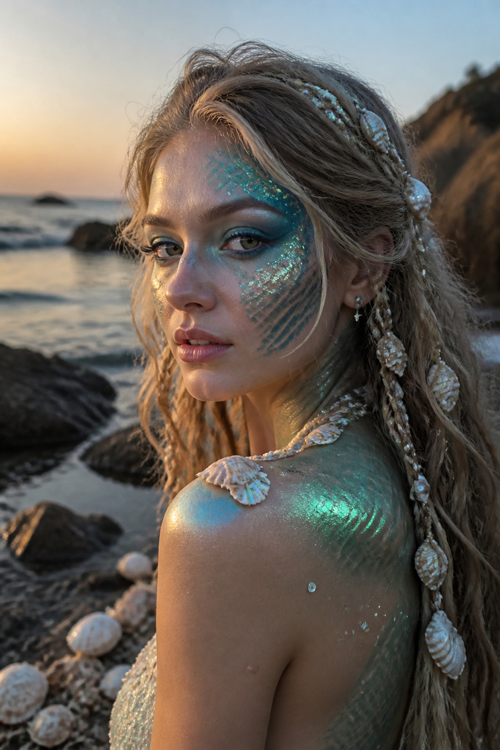 Makeup displaying a mermaid look with a scale pattern on the cheeks.