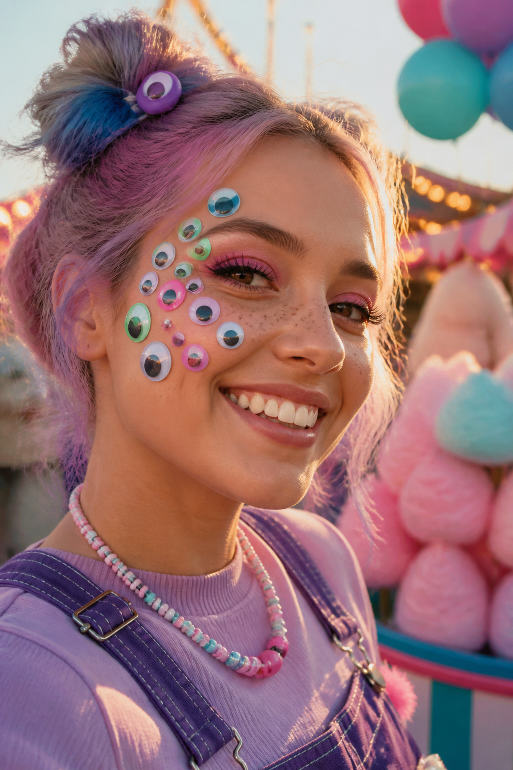 Makeup showing a cute monster look with bright colors and googly eyes.