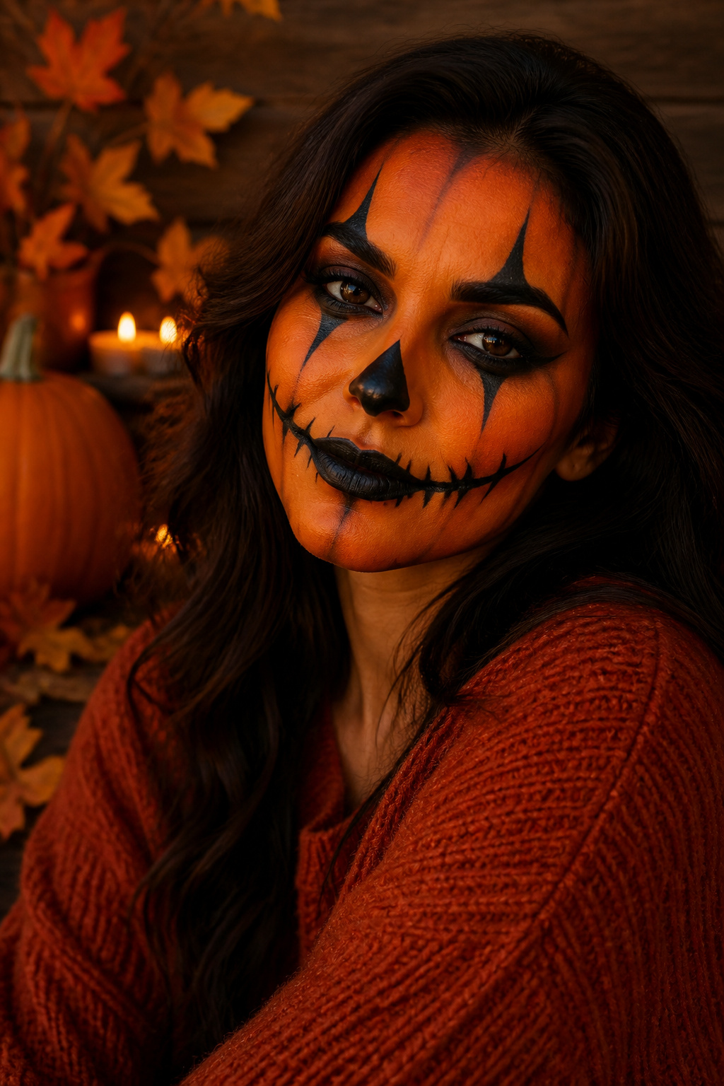 Makeup representing a pumpkin look with orange face paint.