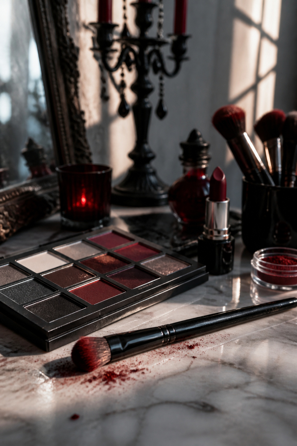 Makeup illustrating a cute vampire look with red lipstick.