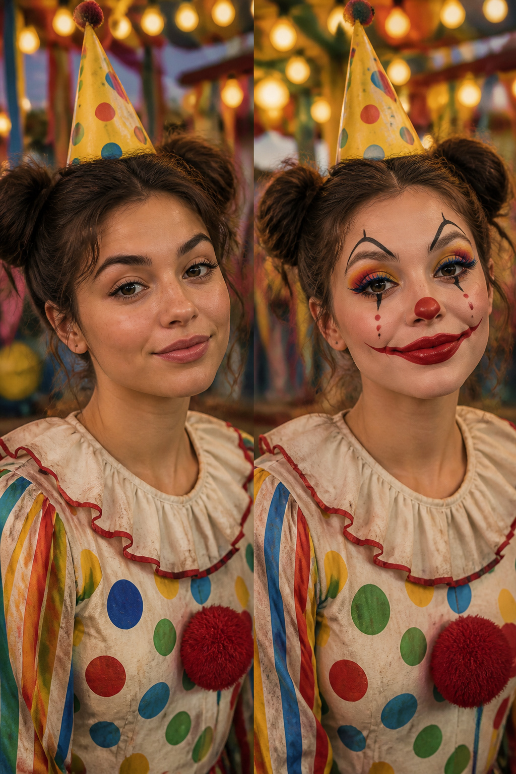Makeup showcasing a clown look with high arched brows and bright colors.
