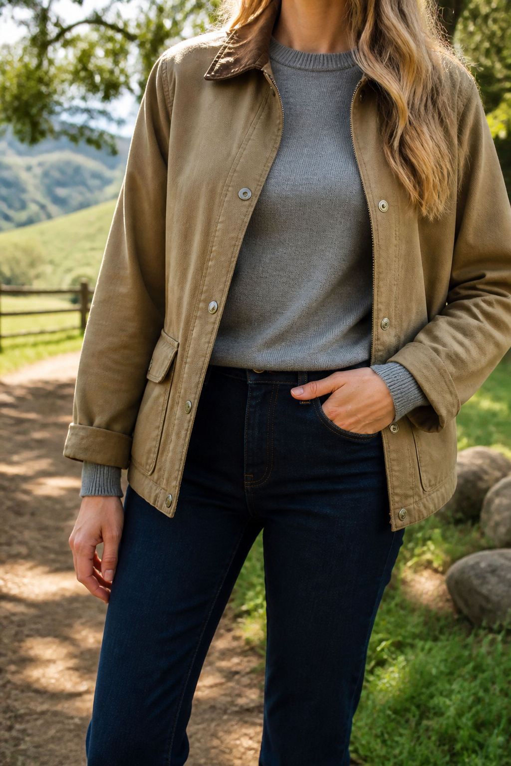 What to Wear This Spring: 7 Cute Spring Outfits for 2026 2 Textured barn jacket layered over a gray sweater and dark jeans.