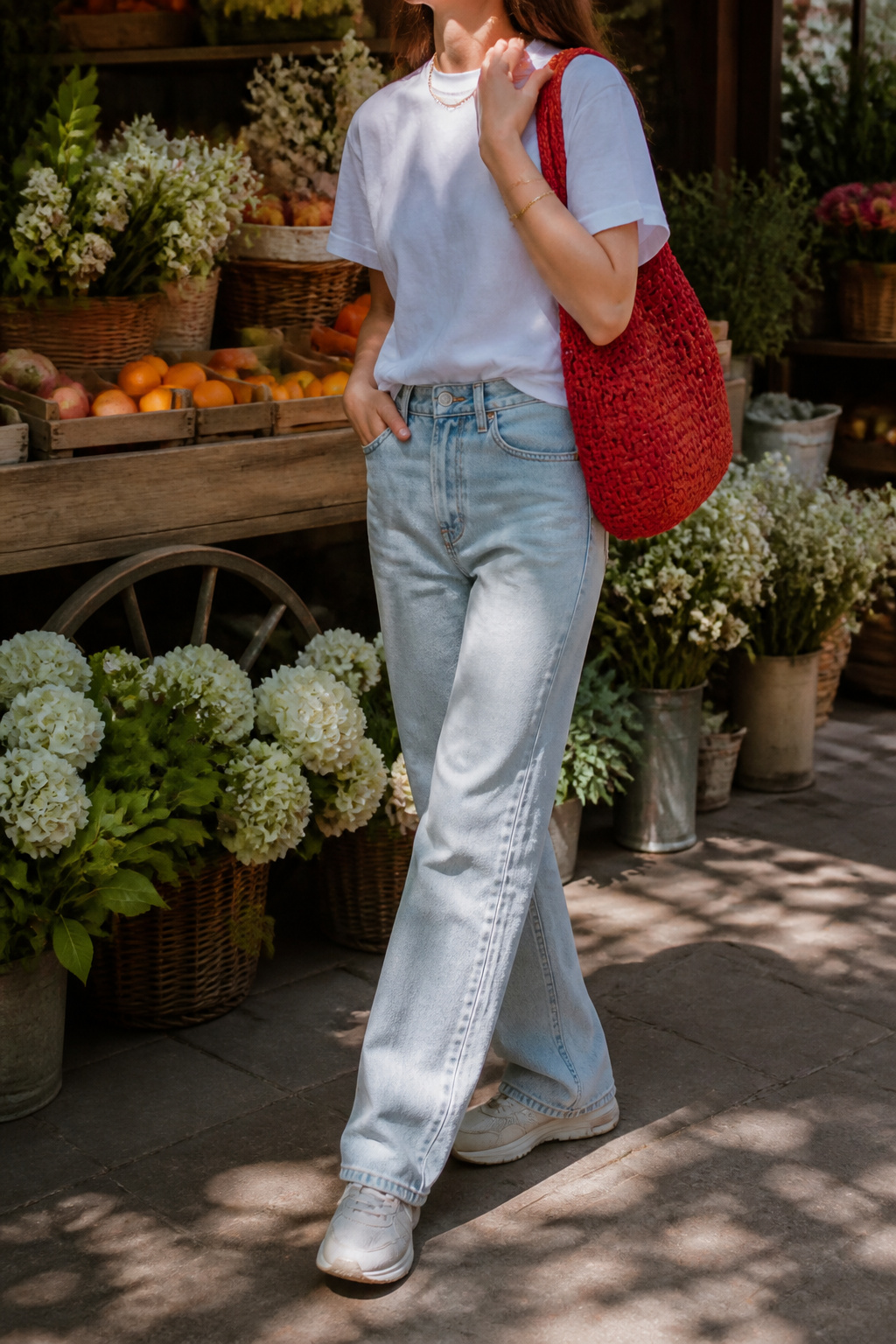 What to Wear This Spring: 7 Cute Spring Outfits for 2026 6 White tee and light-wash jeans with a vibrant red bag.