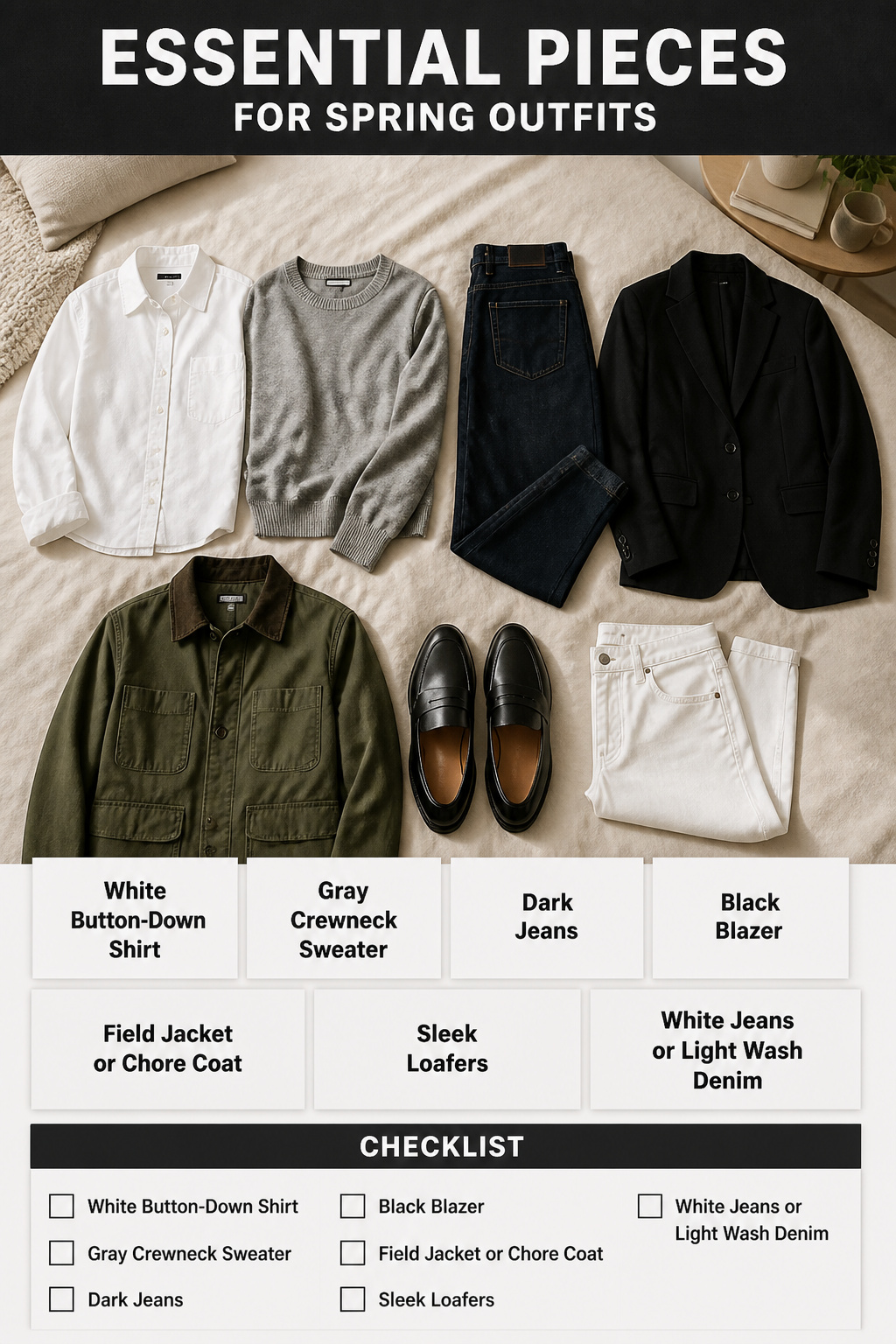 What to Wear This Spring: 7 Cute Spring Outfits for 2026 8 White button-down, gray sweater, dark jeans, and black blazer.