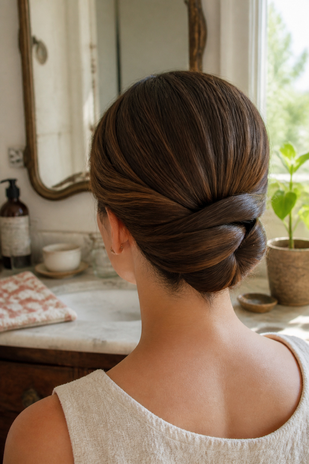 A twisted chignon hairstyle pinned at the nape of the neck.