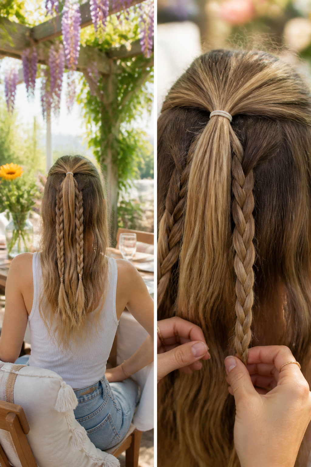 A small ponytail with two braids hanging down the back.