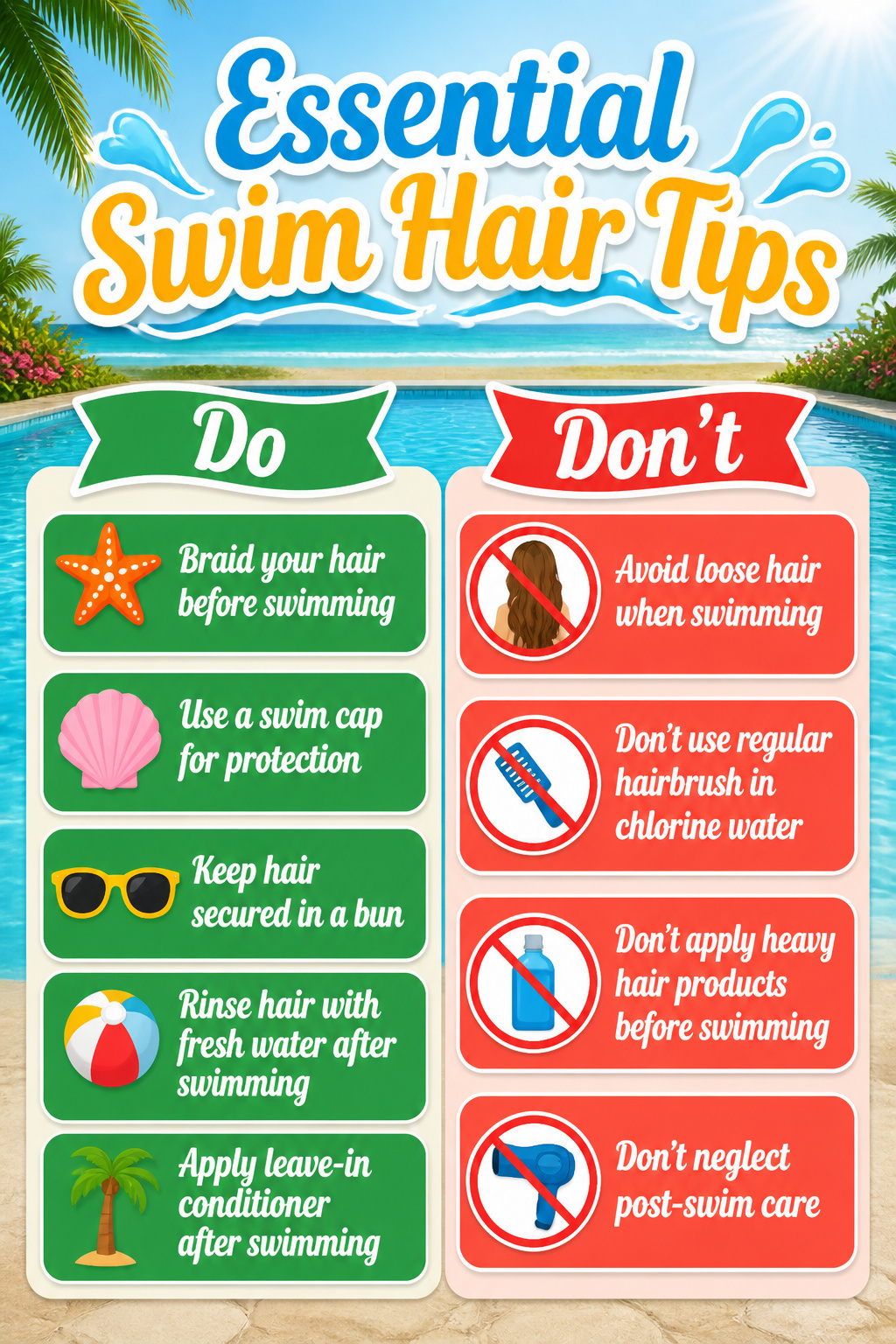 An infographic titled 'Essential Swim Hair Tips'.