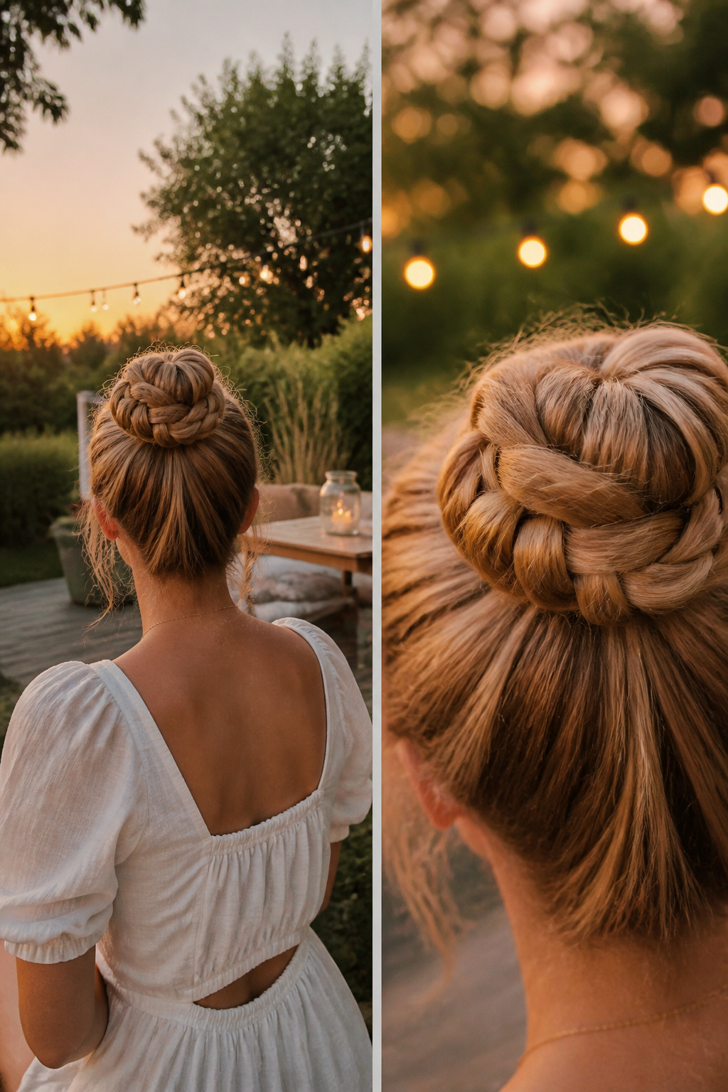A braided bun hairstyle pinned flat against the head.