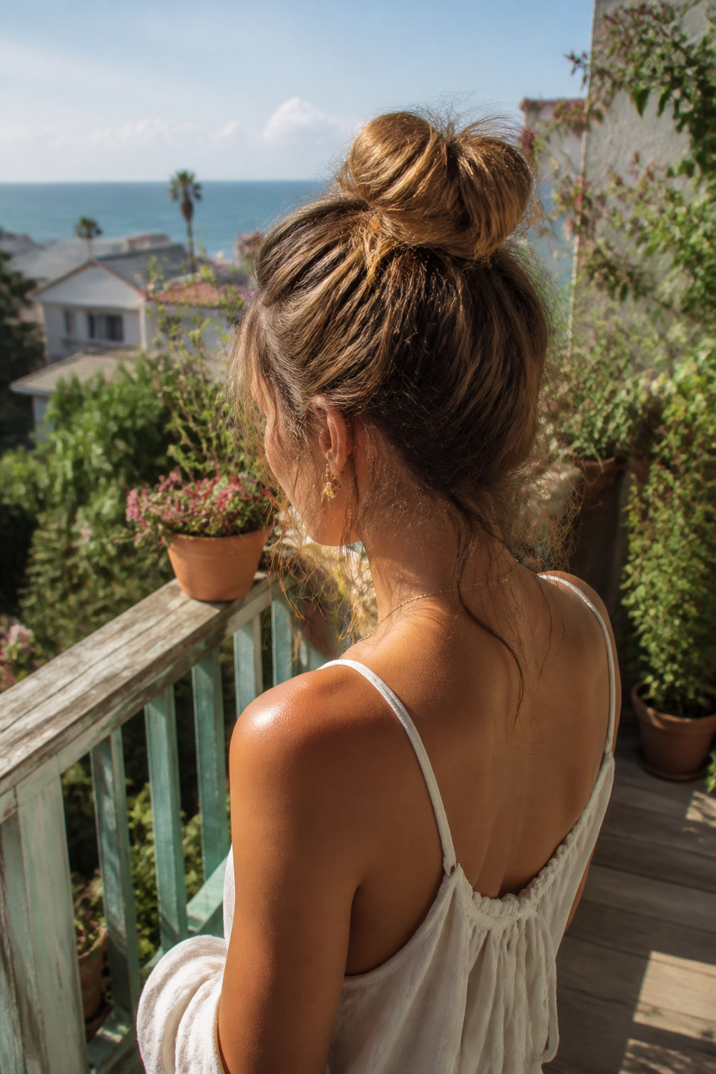 A messy bun hairstyle with strands escaping around the face.