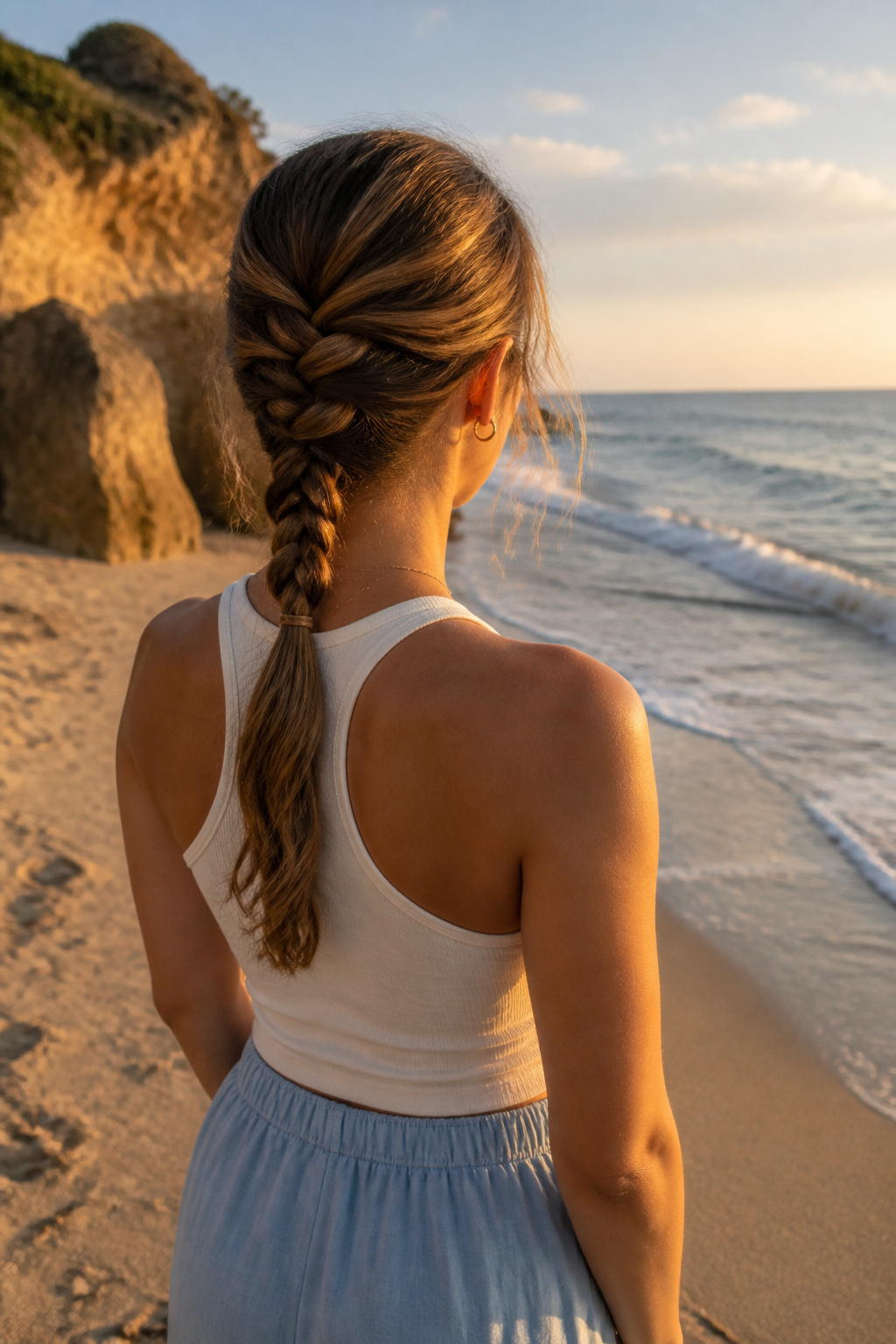 A rope twist braid ponytail flowing into a tidy gathered base.