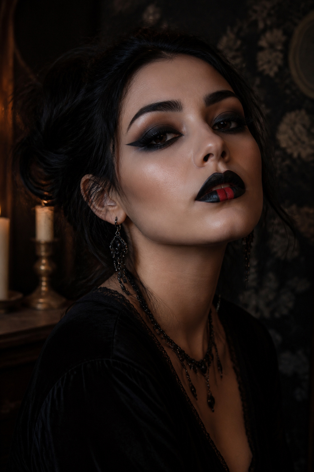 19 Easy Halloween Makeup Ideas for Quick Costumes (2026) 1 Goth makeup featuring black eyeliner and a red accent on the lips.