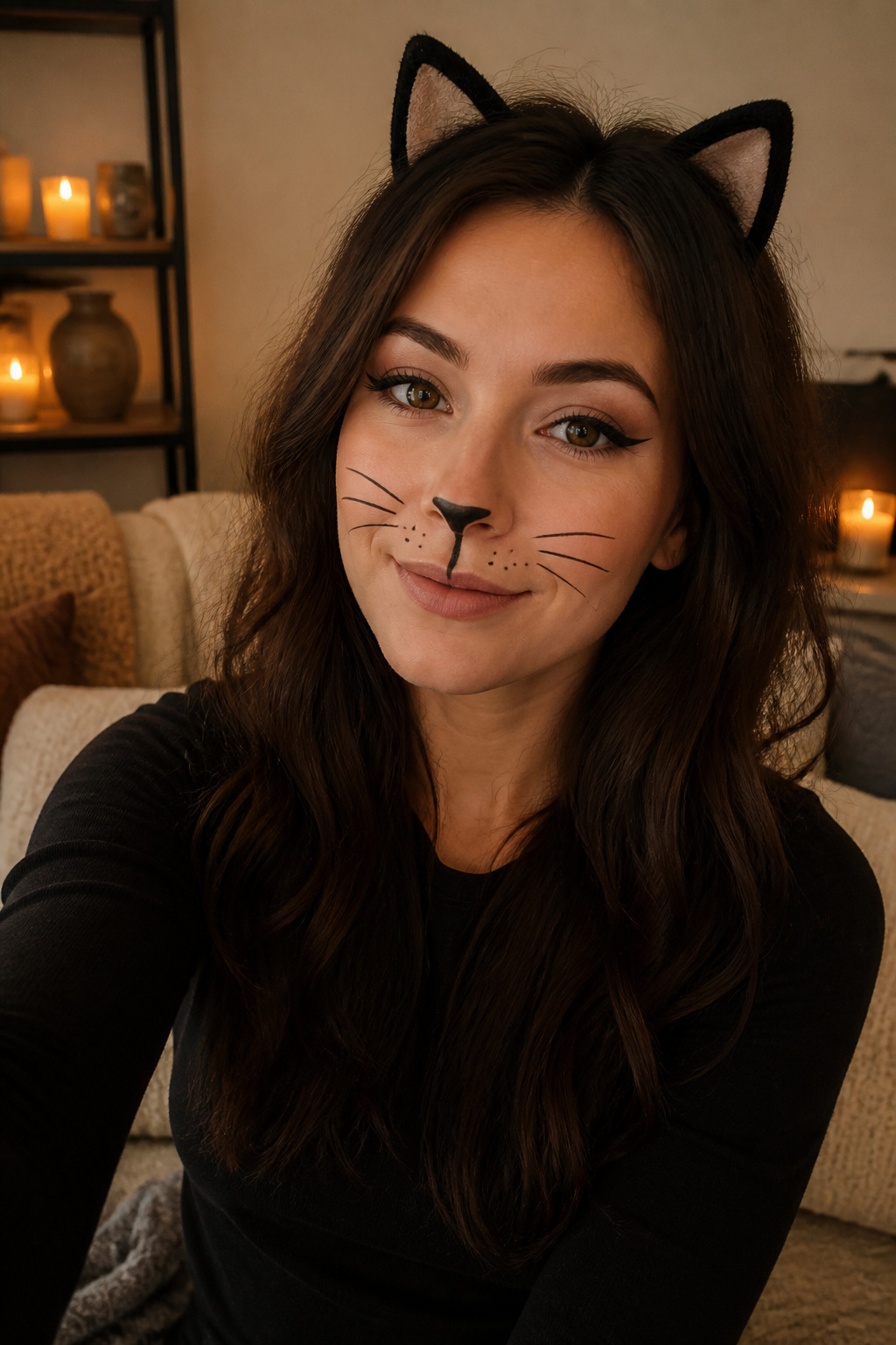 19 Easy Halloween Makeup Ideas for Quick Costumes (2026) 10 Cat makeup featuring whiskers and a small drawn nose.