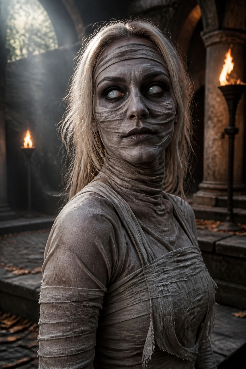 19 Easy Halloween Makeup Ideas for Quick Costumes (2026) 12 Mummy makeup featuring grey shadows and a textured appearance.