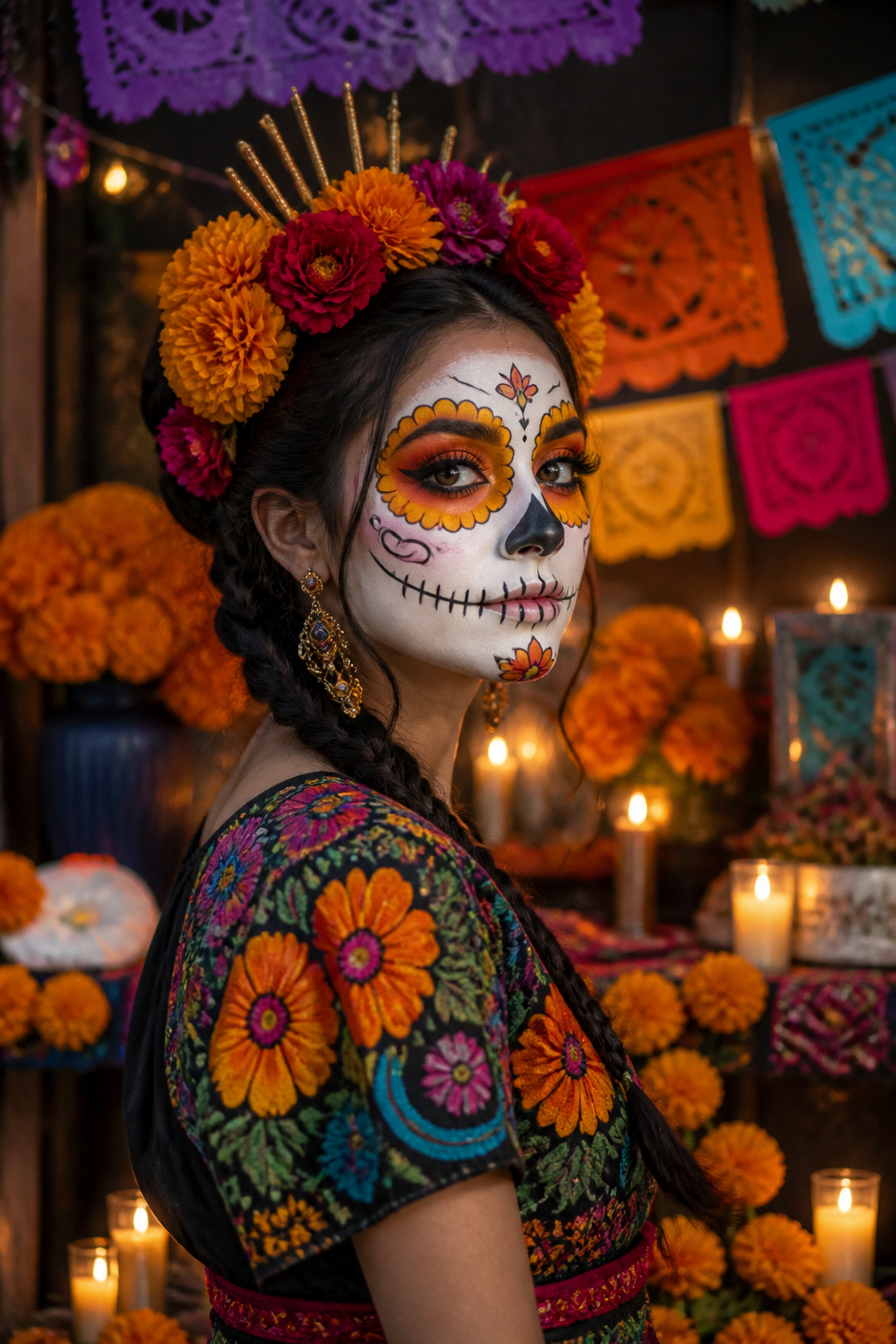 19 Easy Halloween Makeup Ideas for Quick Costumes (2026) 13 Day of the Dead makeup featuring bright marigold shadows.