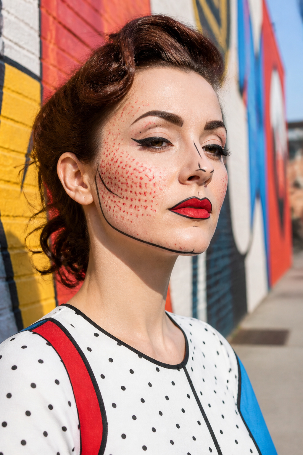 19 Easy Halloween Makeup Ideas for Quick Costumes (2026) 14 Pop art makeup featuring bold outlines and bright color blocks.