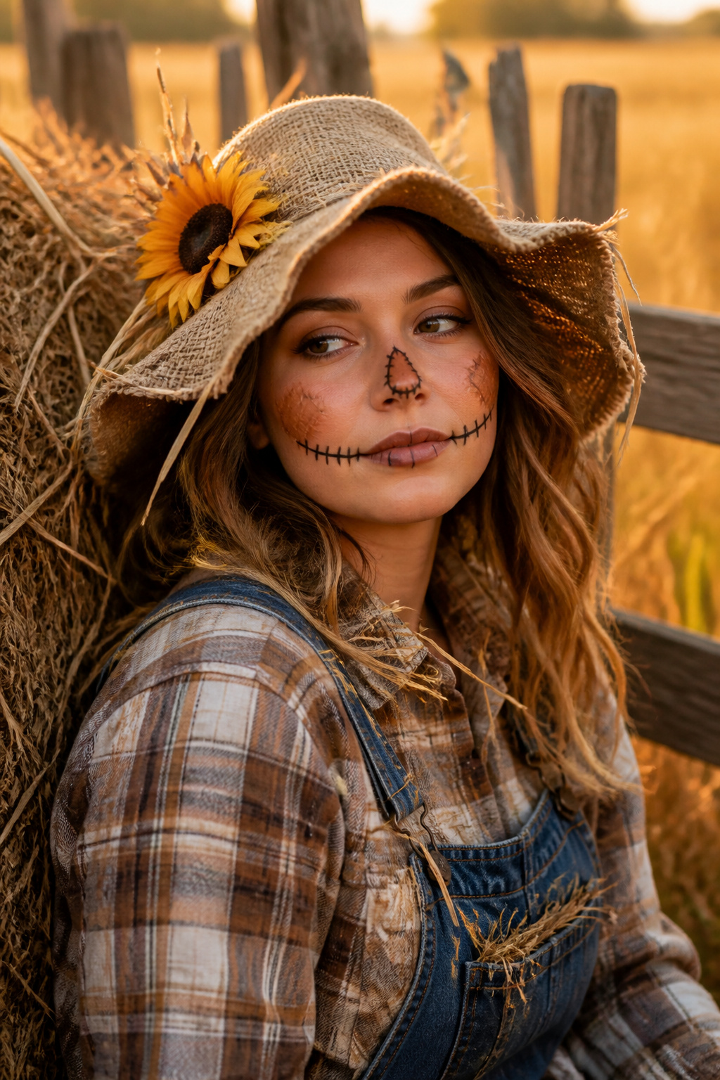 19 Easy Halloween Makeup Ideas for Quick Costumes (2026) 17 Scarecrow makeup featuring stitched lines and burlap-like texture.