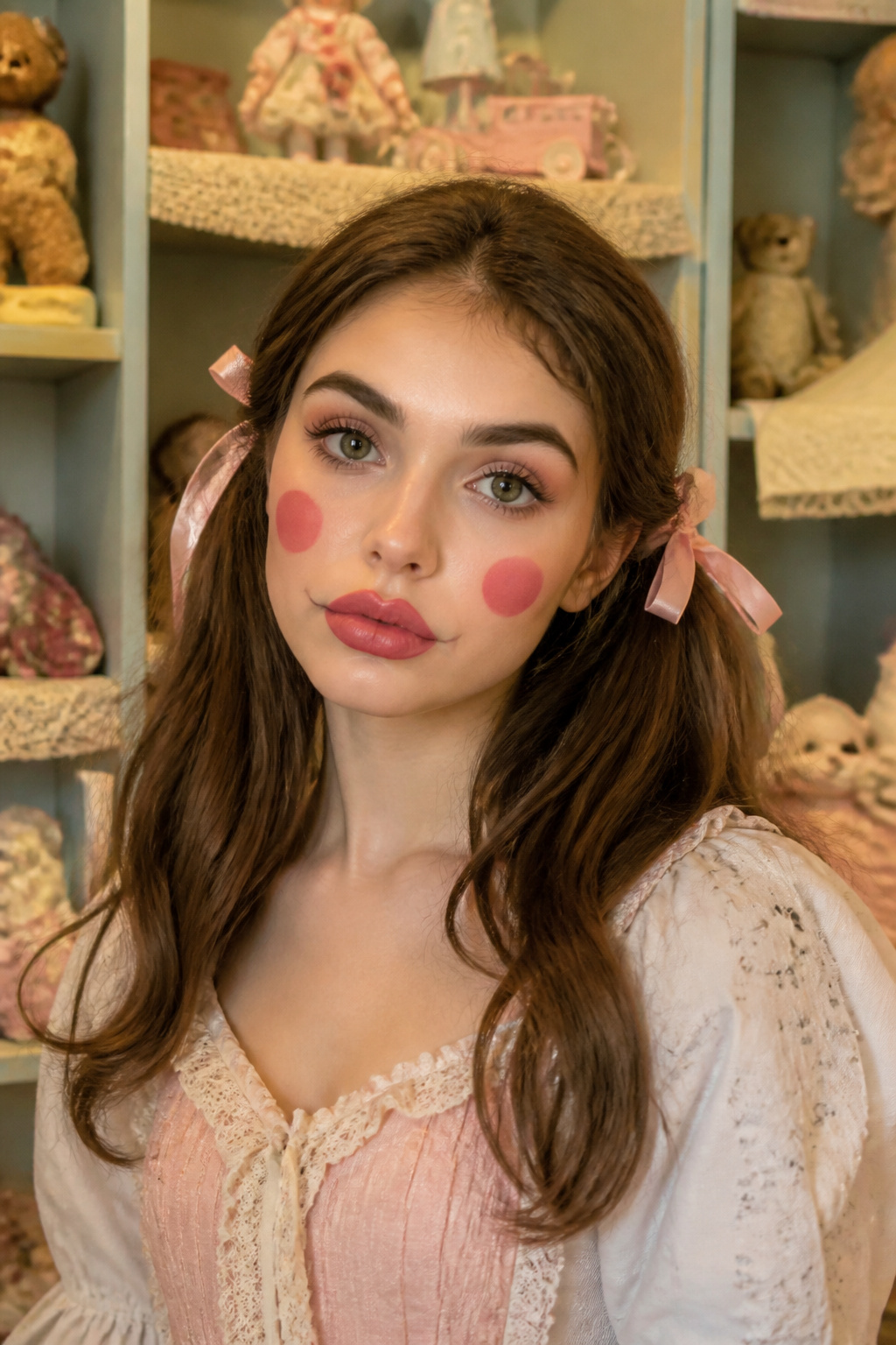 19 Easy Halloween Makeup Ideas for Quick Costumes (2026) 19 Doll makeup featuring exaggerated lips and circular blush dots.