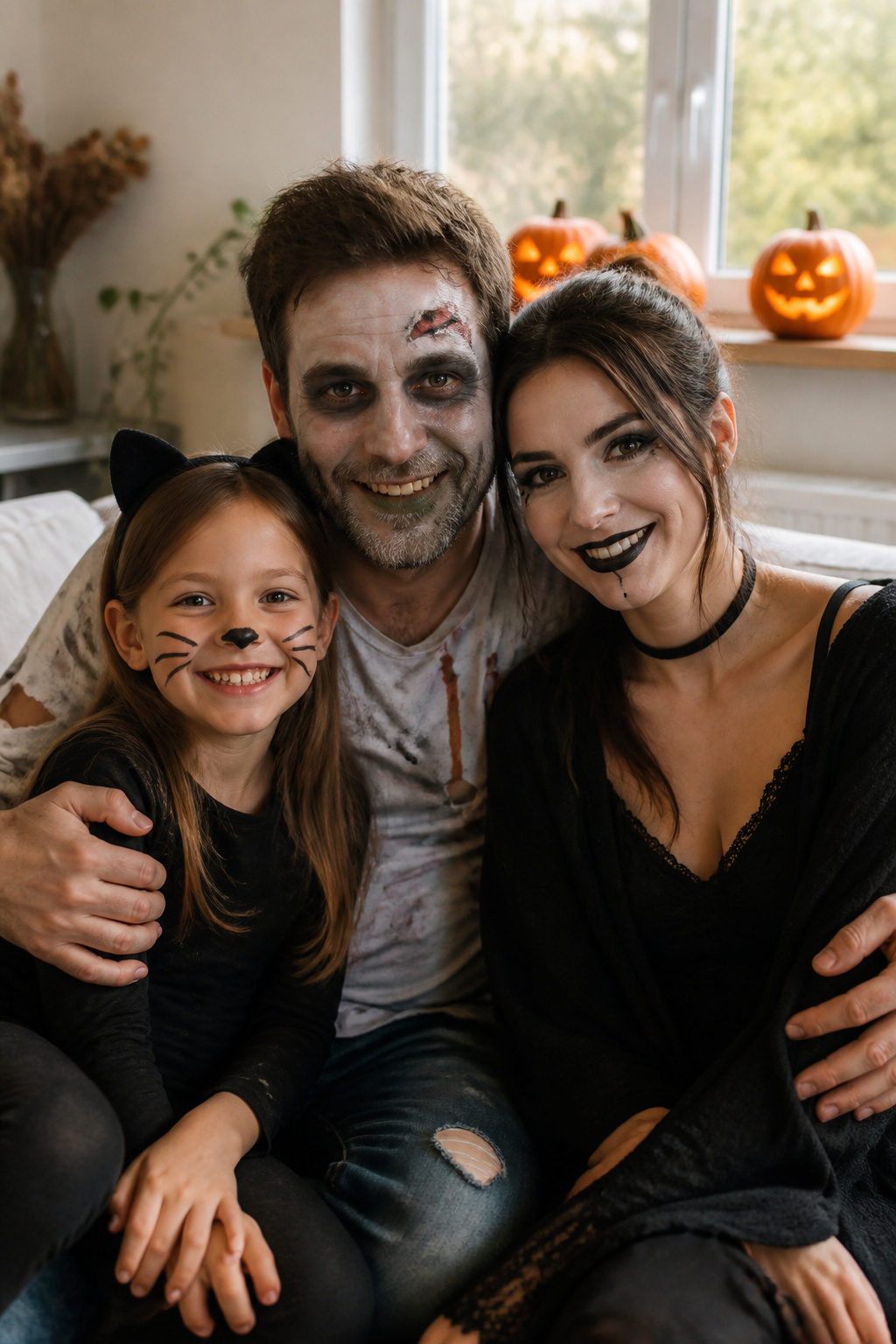 19 Easy Halloween Makeup Ideas for Quick Costumes (2026) 22 A family in Halloween makeup, identifiable as a cat, a zombie, and a goth.