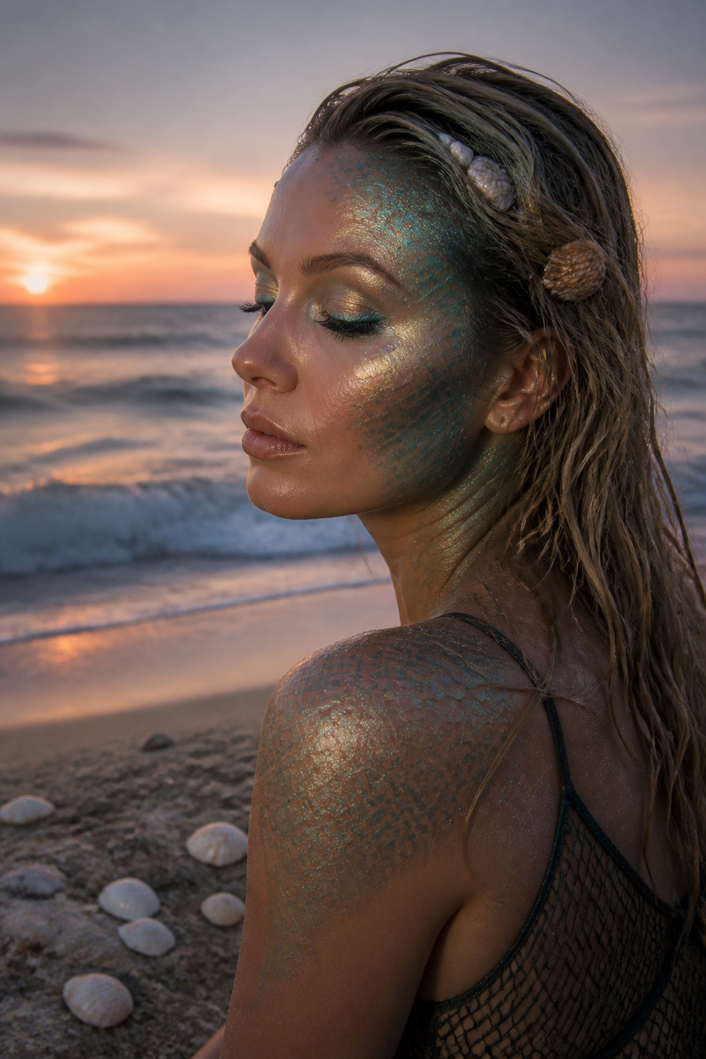 19 Easy Halloween Makeup Ideas for Quick Costumes (2026) 5 Mermaid makeup featuring blue-green tones and shimmering scales.