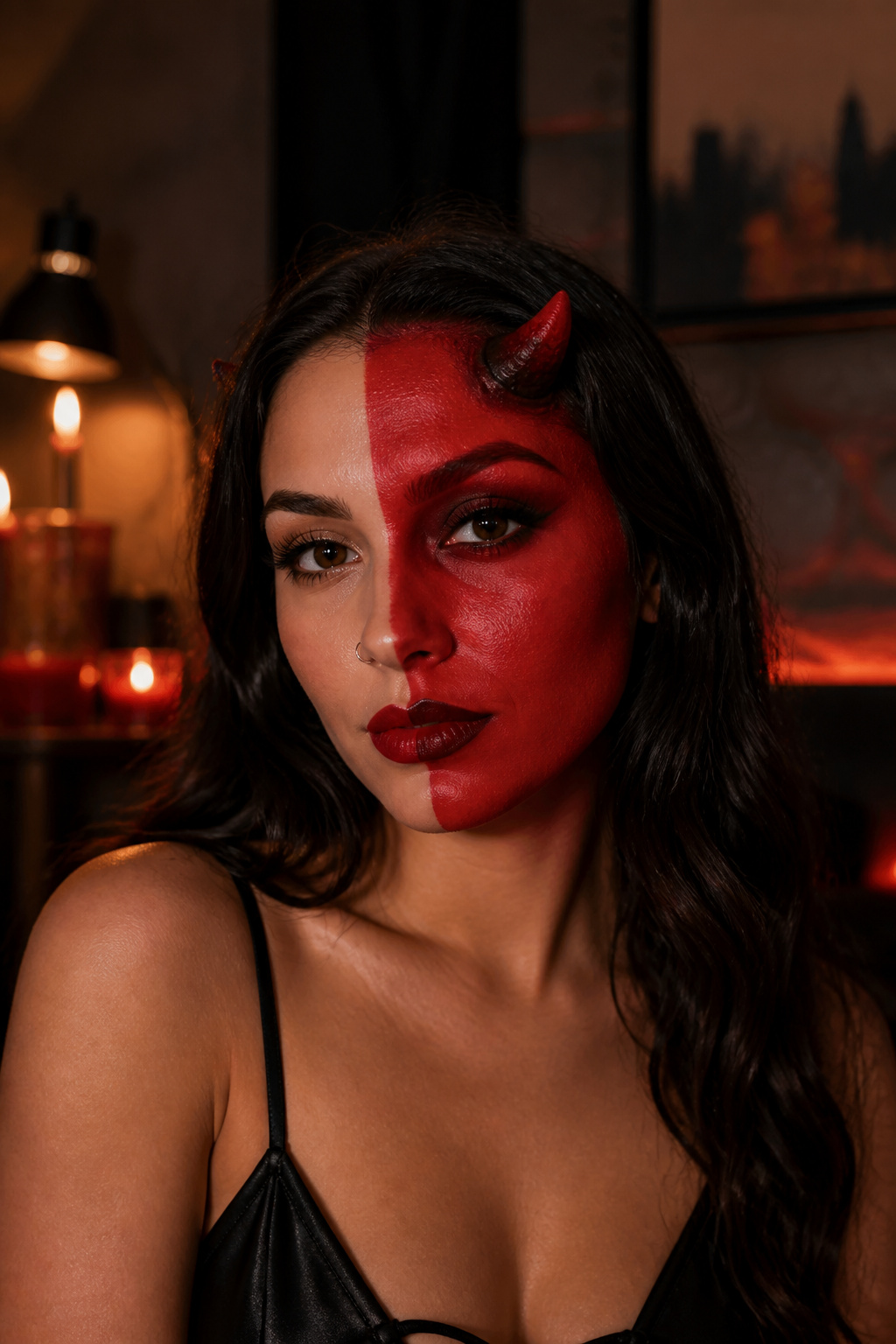 19 Easy Halloween Makeup Ideas for Quick Costumes (2026) 6 Devil makeup featuring red face paint and small horns.
