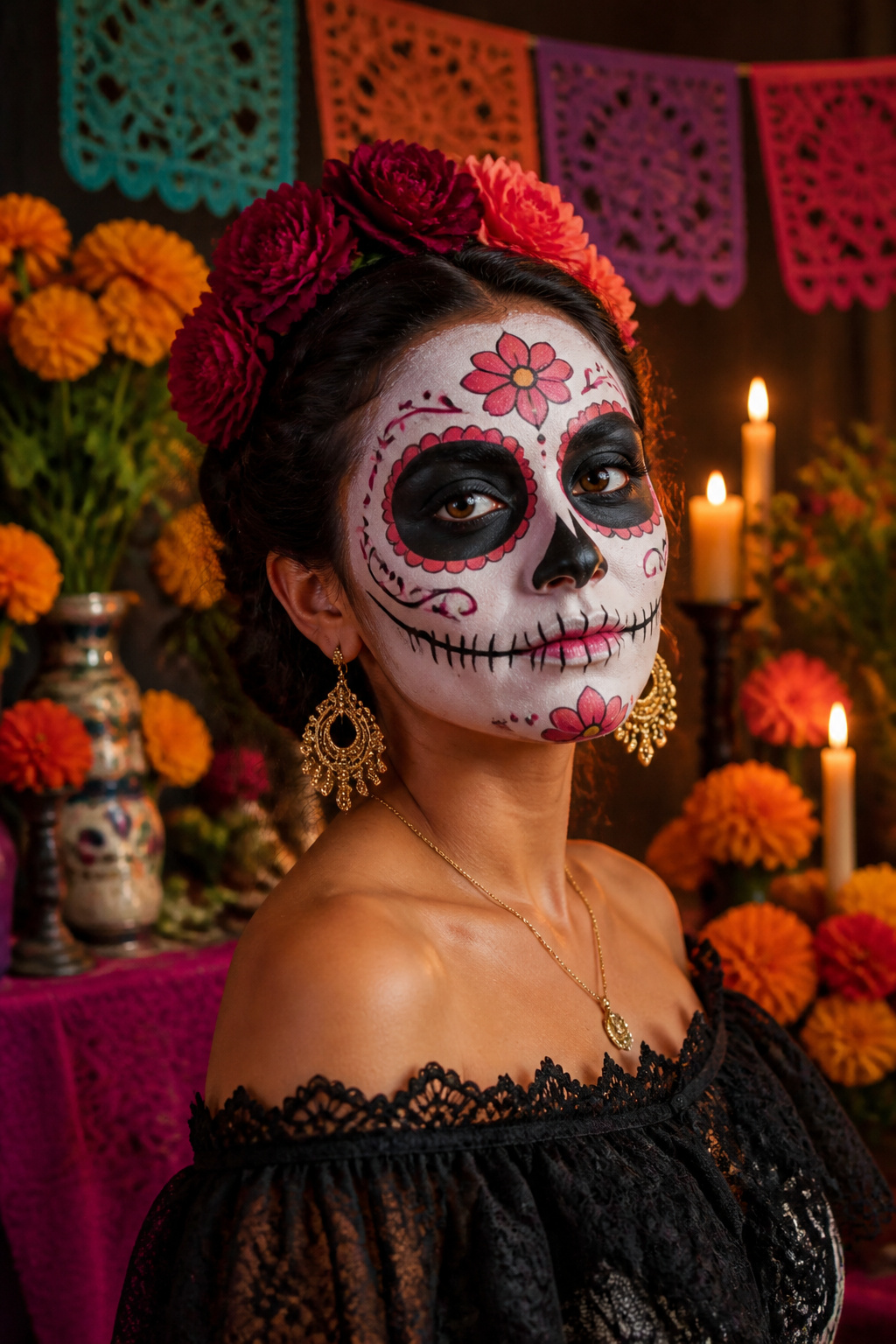 19 Easy Halloween Makeup Ideas for Quick Costumes (2026) 8 Sugar skull makeup featuring a white face and dark eye sockets.