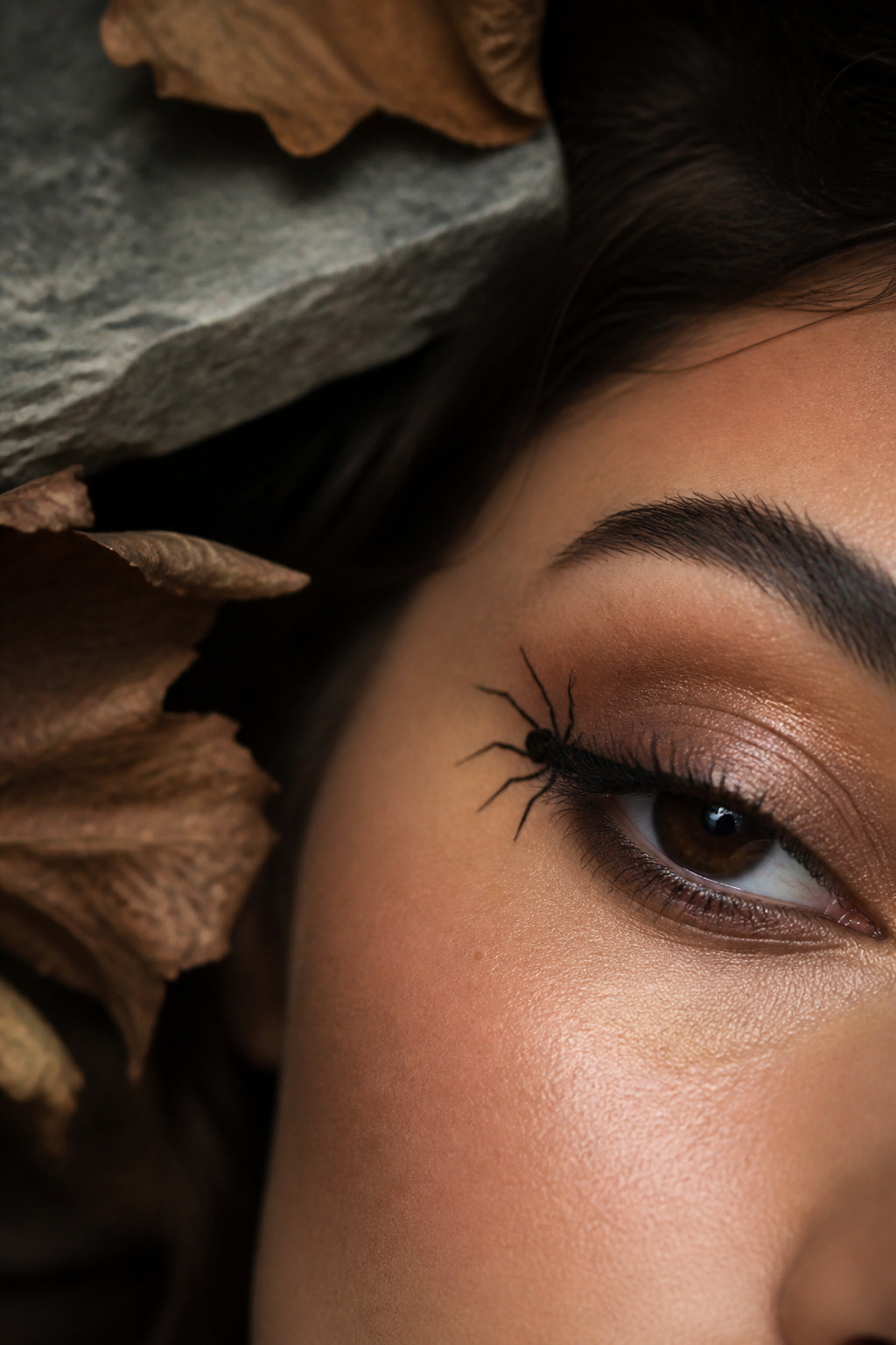 19 Easy Halloween Makeup Ideas for Quick Costumes (2026) 9 Spider eye makeup featuring a small spider on the model's eye.
