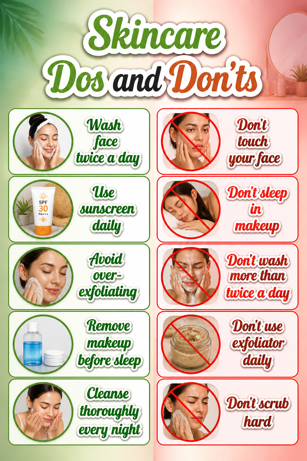 How to Look Pretty Without Makeup: A Complete Guide (2026) 12 An information image detailing skincare dos and don'ts.
