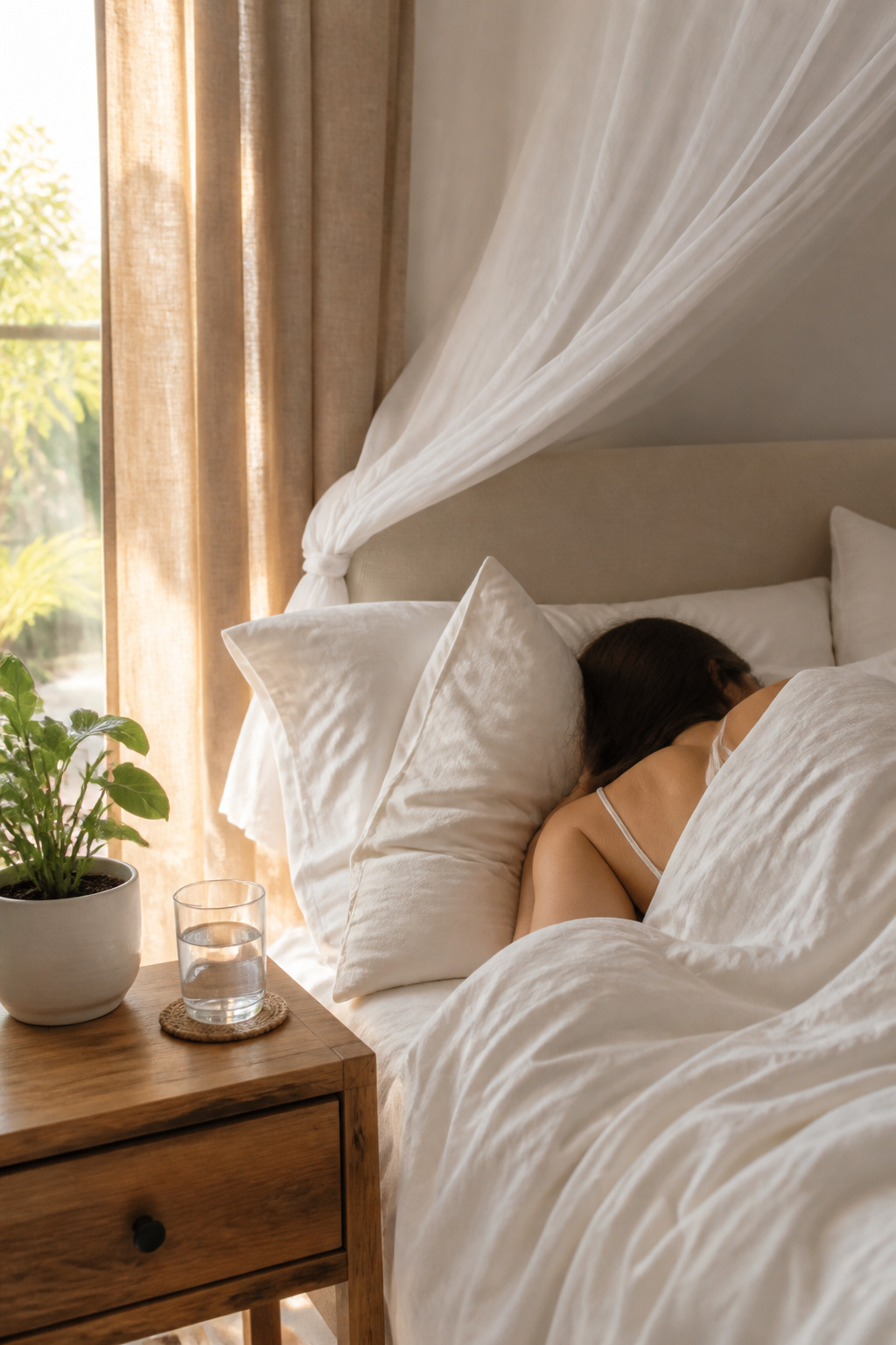 How to Look Pretty Without Makeup: A Complete Guide (2026) 14 A peaceful bedroom scene depicting a woman sleeping soundly.