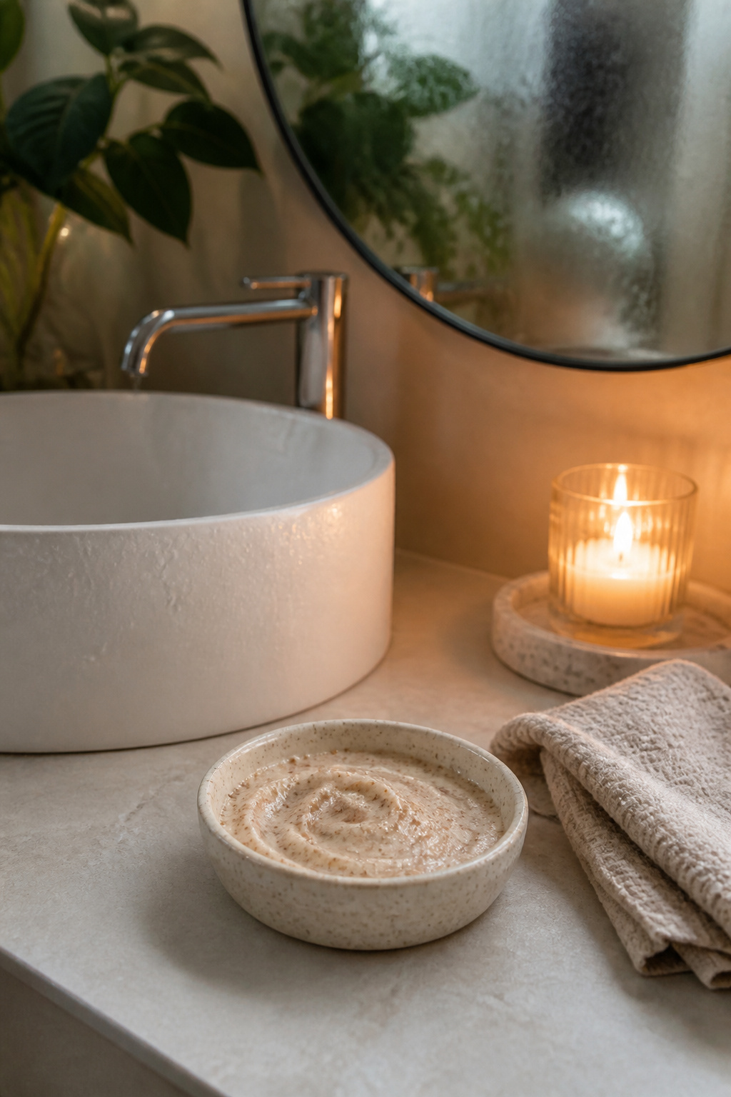 How to Look Pretty Without Makeup: A Complete Guide (2026) 4 A serene bathroom scene featuring an exfoliating scrub and a washcloth.