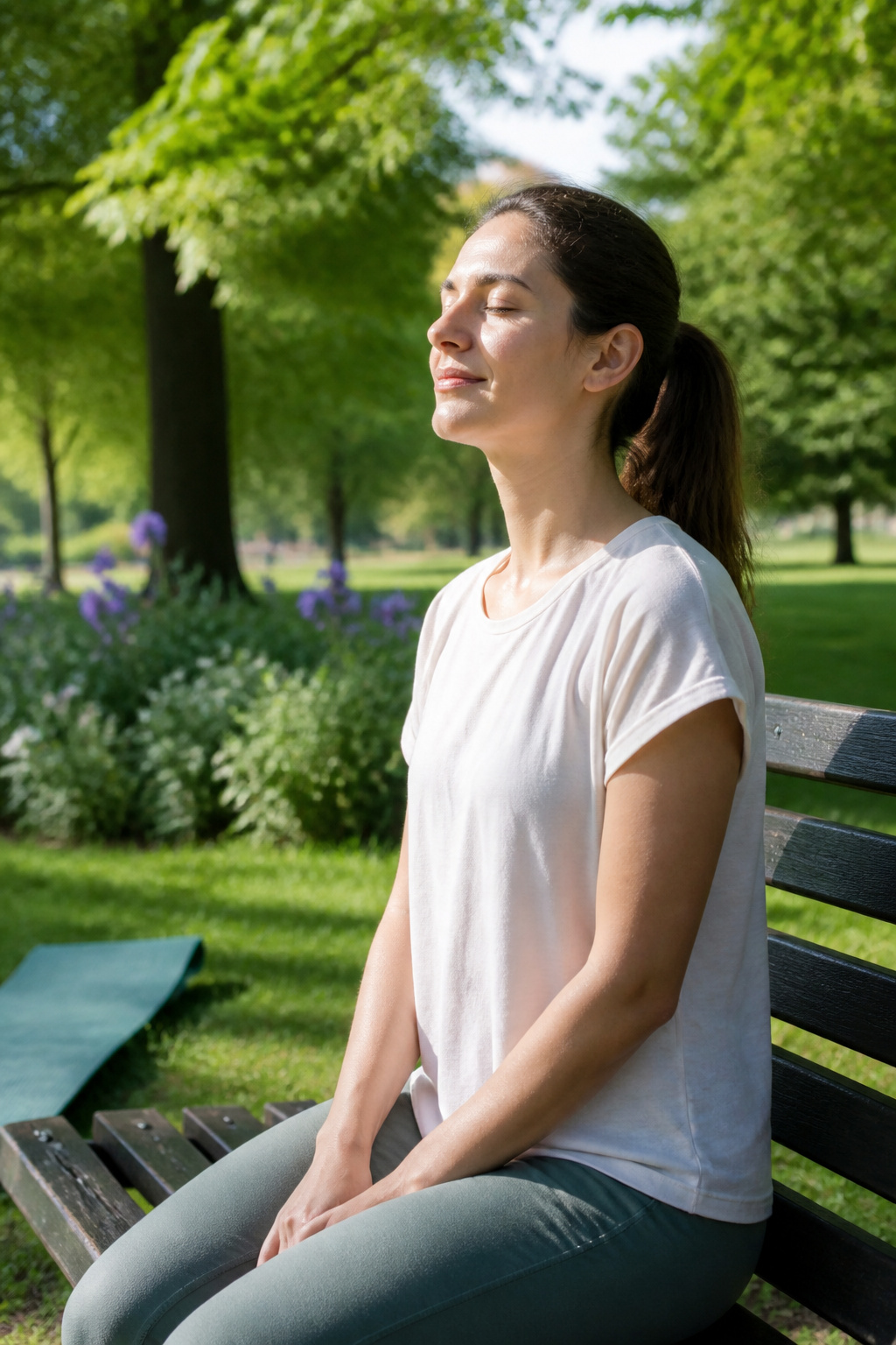 How to Look Pretty Without Makeup: A Complete Guide (2026) 8 A woman practicing mindful breathing on a park bench.