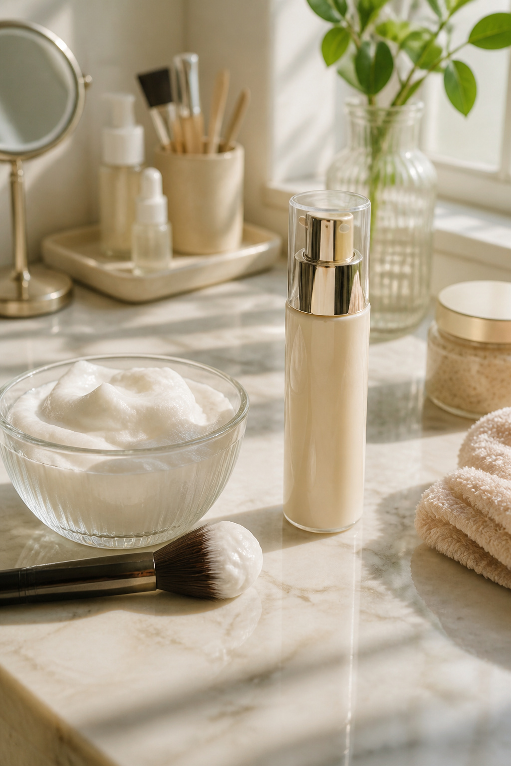 Makeup Tutorials for Beginners: 10-Step Application Guide 2026 1 Cleanser and moisturizer on a bright vanity with morning light.