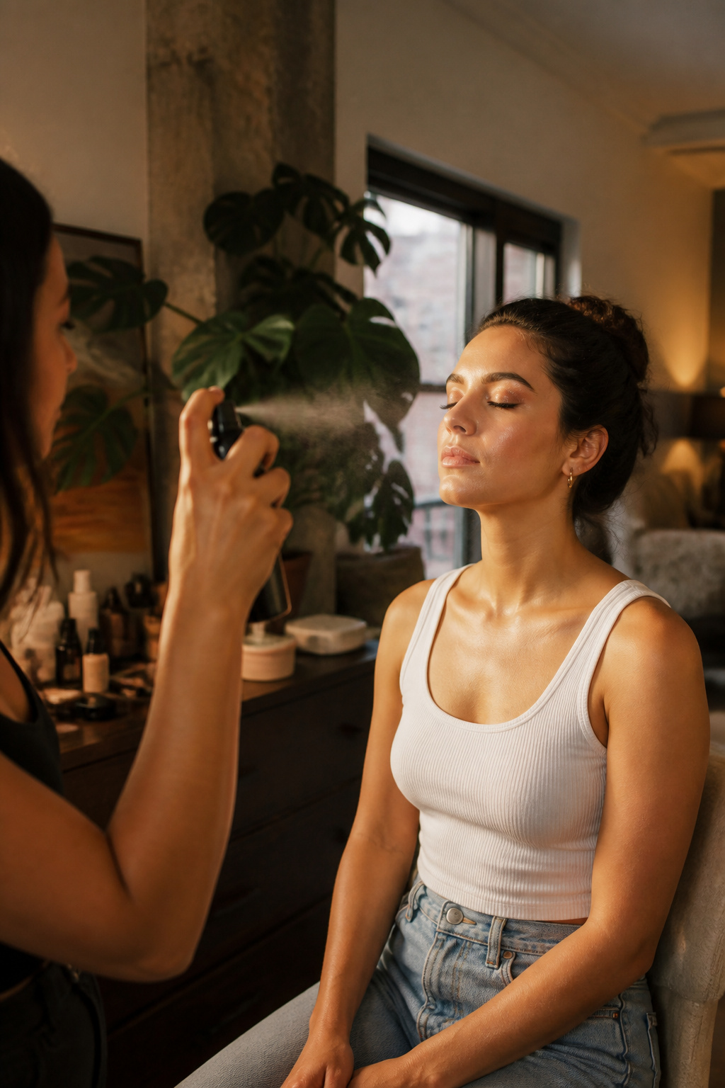 Makeup Tutorials for Beginners: 10-Step Application Guide 2026 10 Makeup artist holding setting spray above a model's face.